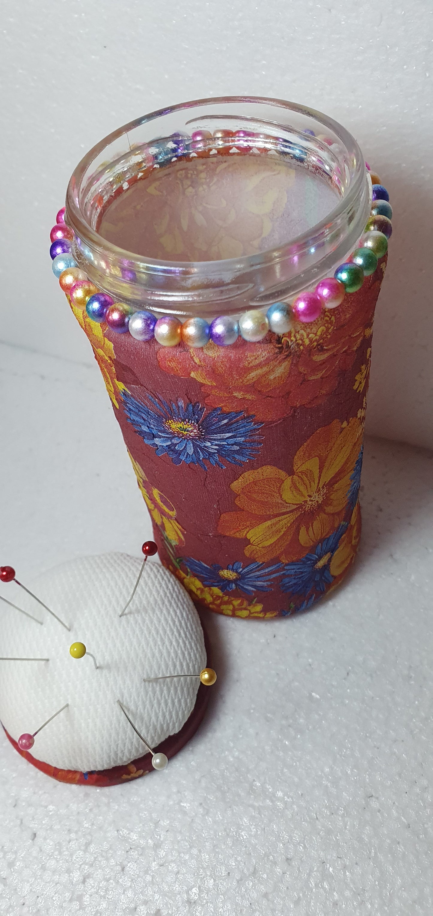 Hand Decorated Glass Pin Cushion Jar Red Blue Yellow Floral Crafters Gift