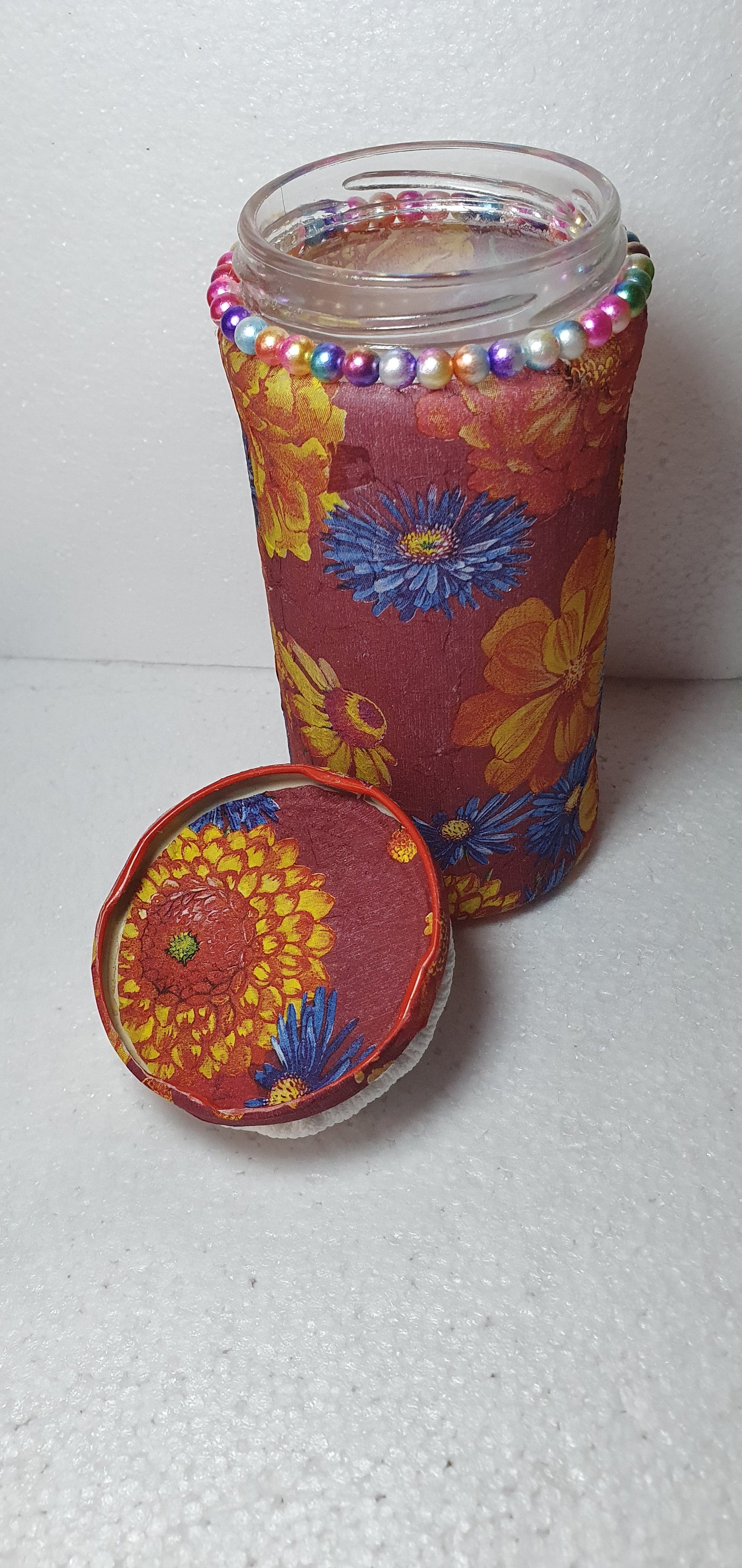 Hand Decorated Glass Pin Cushion Jar Red Blue Yellow Floral Crafters Gift