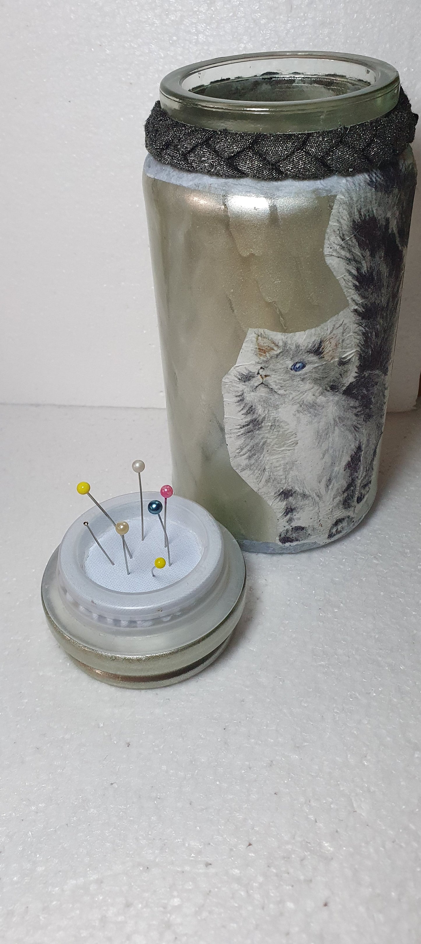 Medium Hand Decorated Glass Pin Cushion Jar Blue Cats Crafters Gift