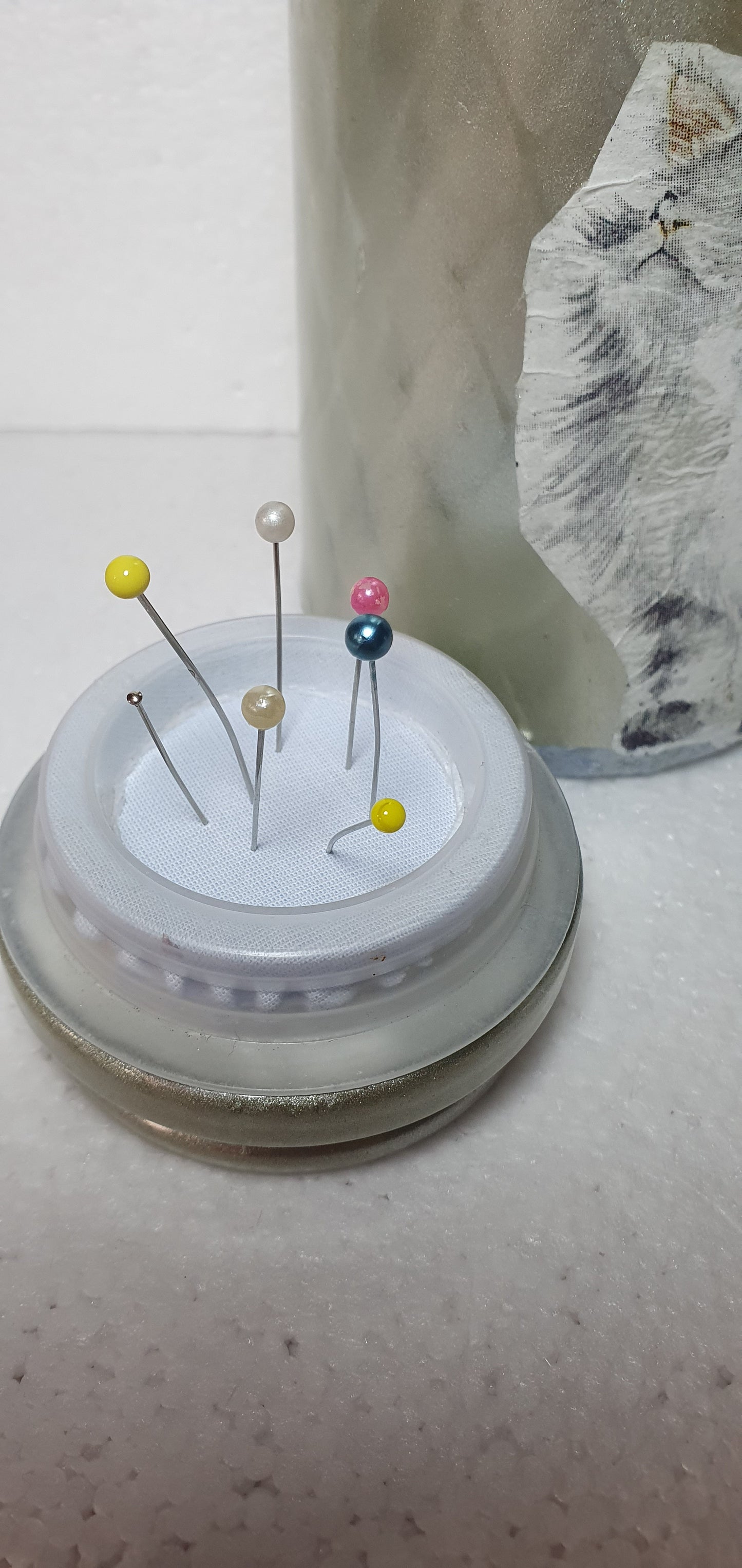 Medium Hand Decorated Glass Pin Cushion Jar Blue Cats Crafters Gift