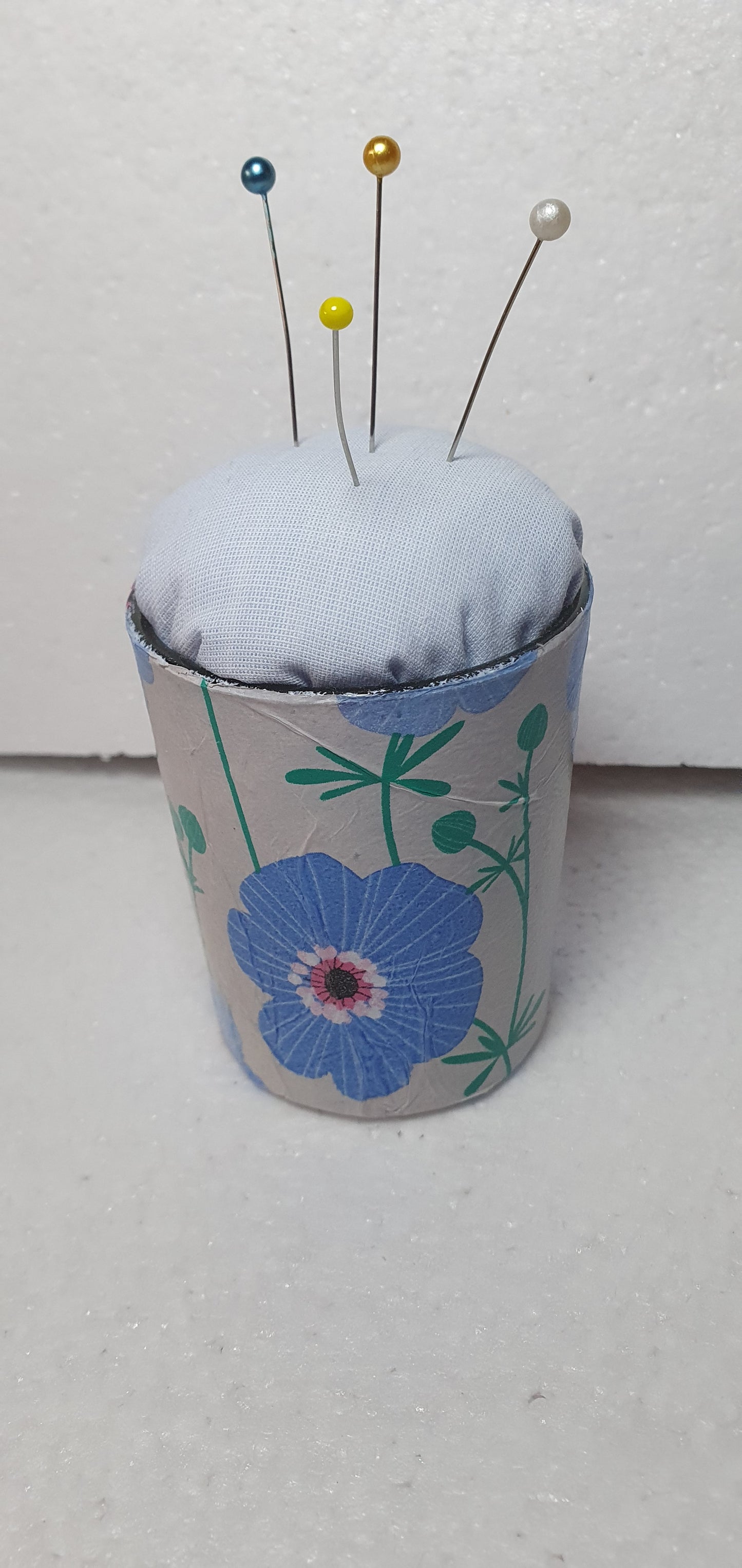 Small Blue White Flowers Hand Decorated Blue Pin Cushion Home Decor Gift