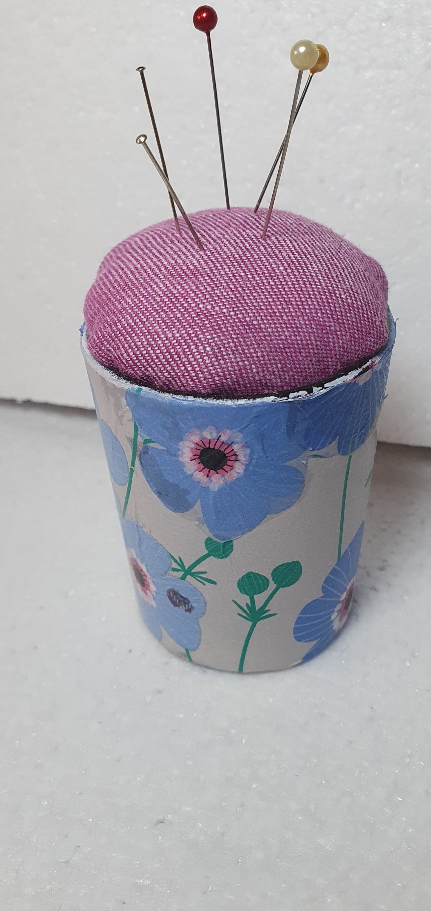 Small Blue White Flowers Hand Decorated PINK Pin Cushion Home Decor Gift