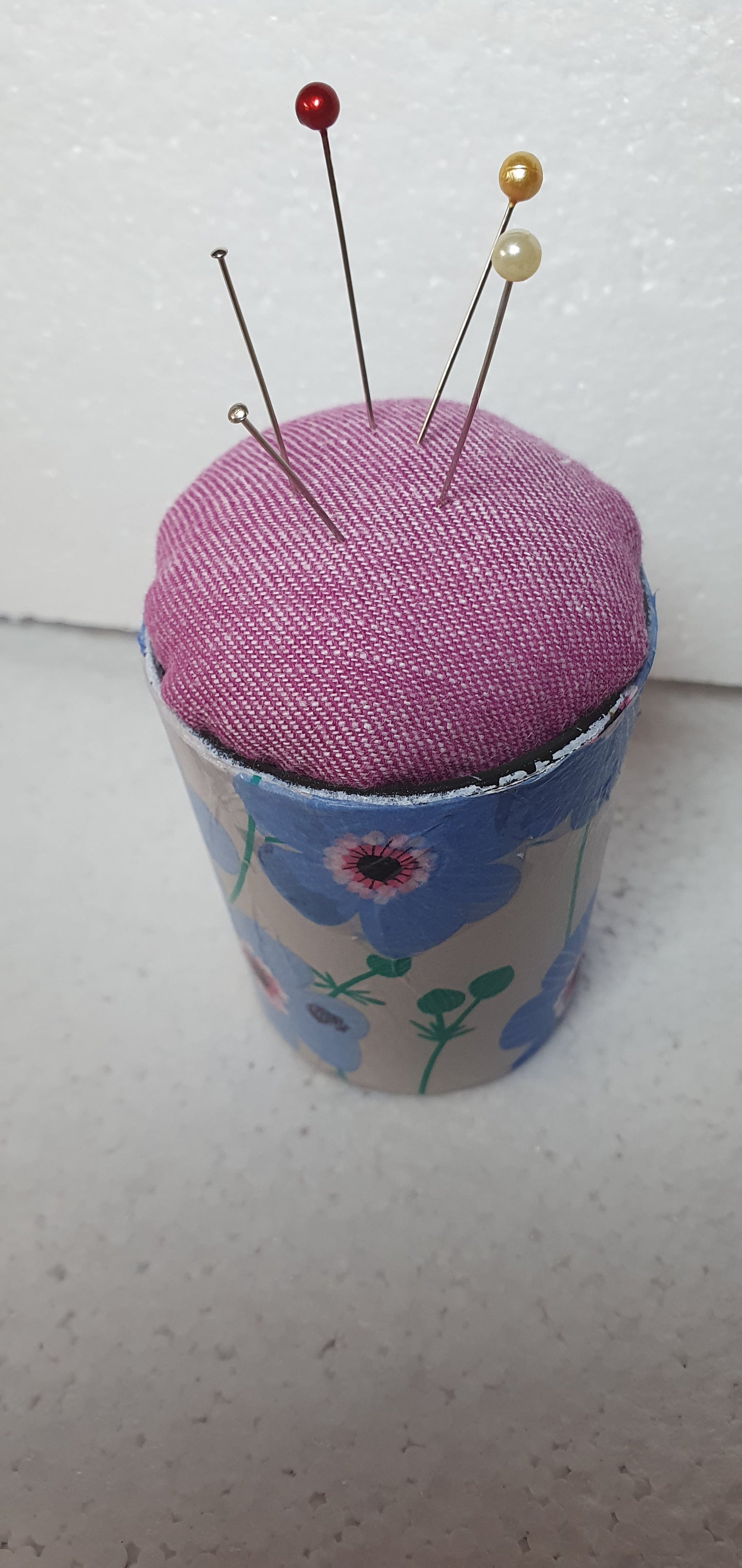 Small Blue White Flowers Hand Decorated PINK Pin Cushion Home Decor Gift