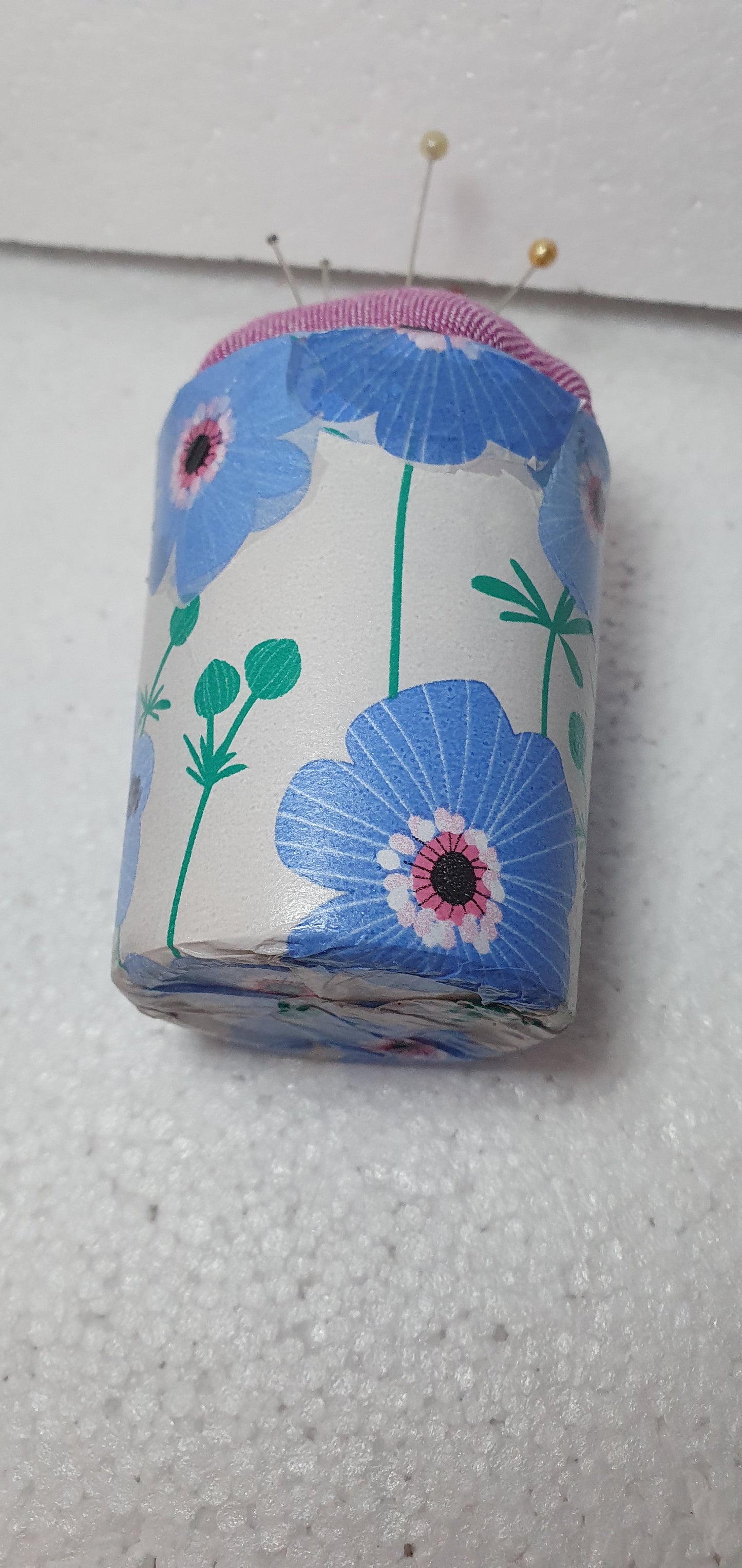 Small Blue White Flowers Hand Decorated PINK Pin Cushion Home Decor Gift