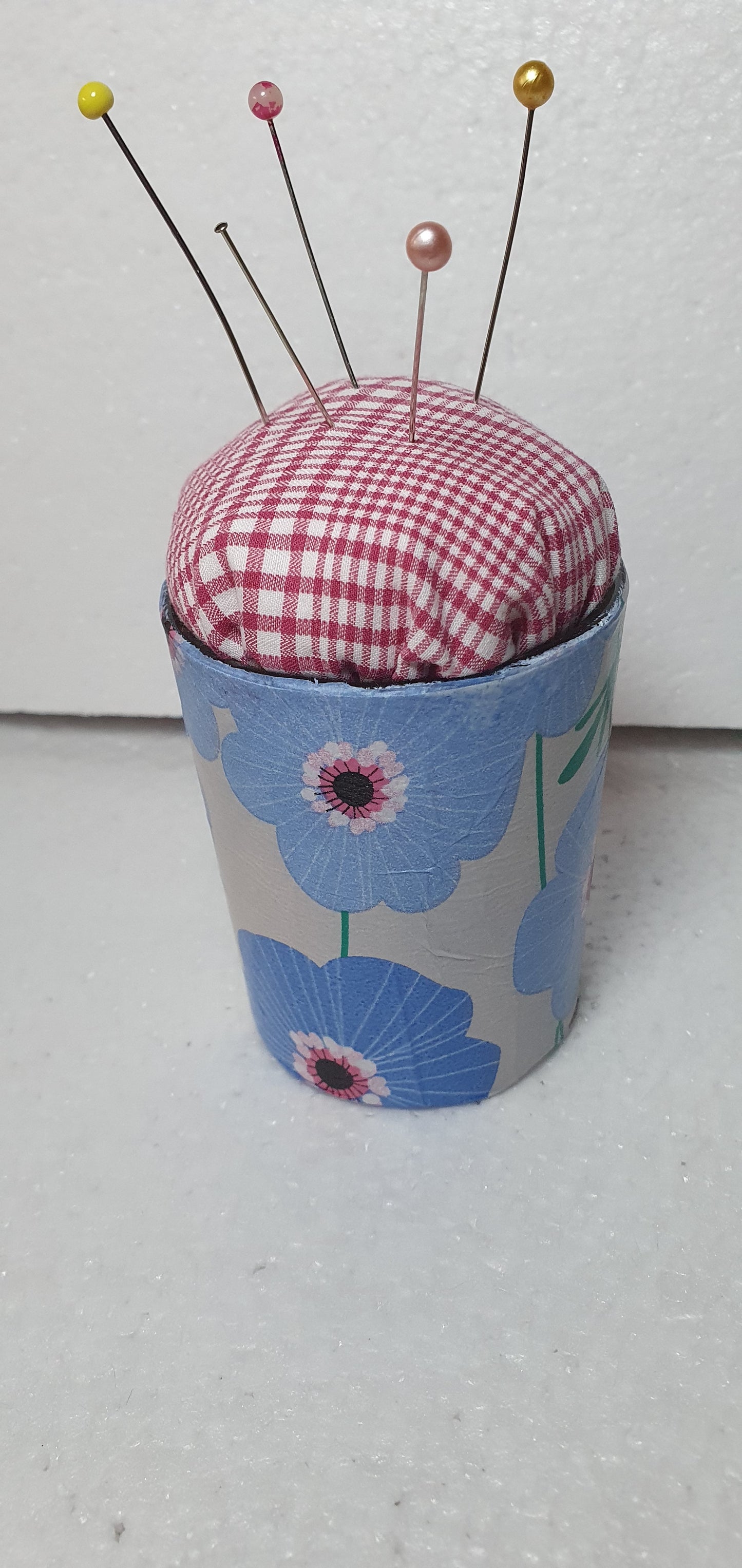 Small Blue White Flowers Hand Decorated PINK CHECK Pin Cushion Home Decor Gift