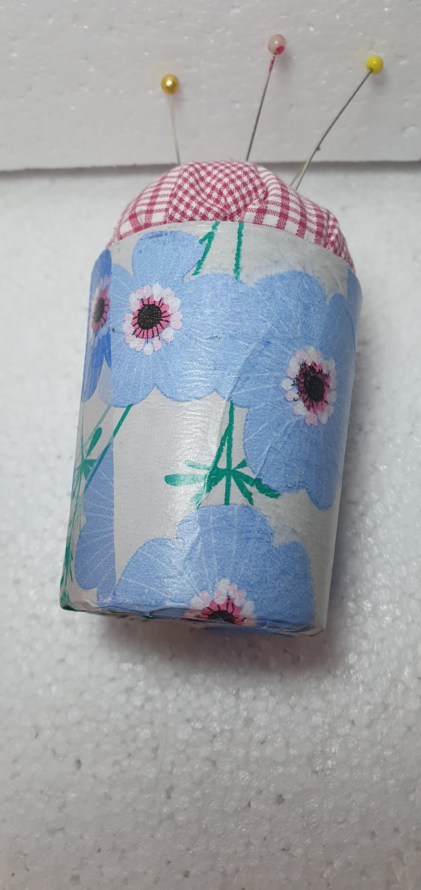 Small Blue White Flowers Hand Decorated PINK CHECK Pin Cushion Home Decor Gift