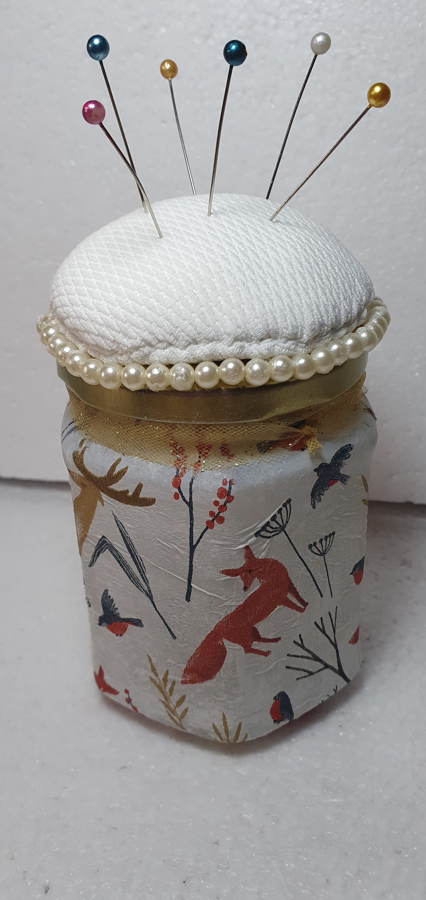Hand Decorated Glass Pin Cushion Jar Foxes Deer Crafters Gift