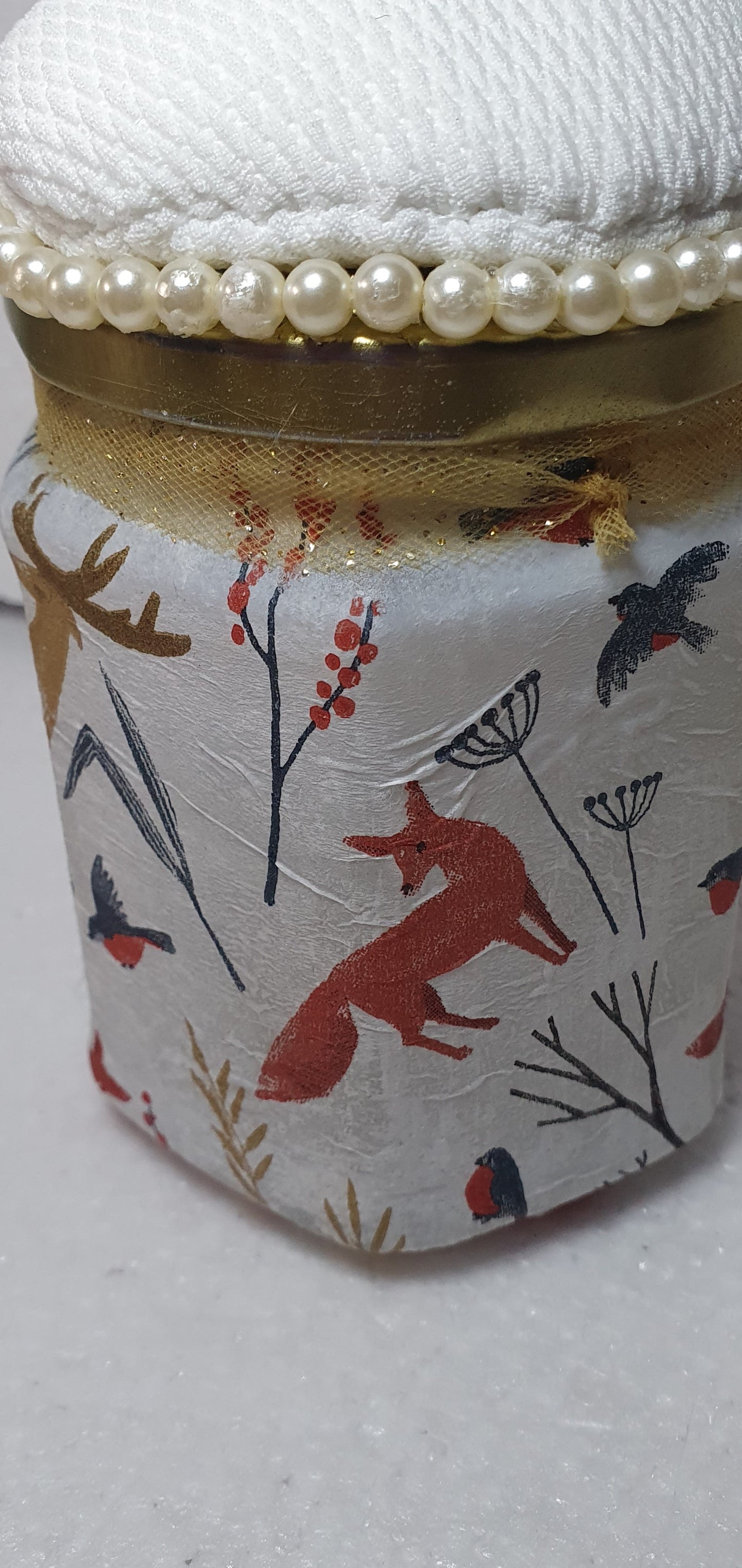 Hand Decorated Glass Pin Cushion Jar Foxes Deer Crafters Gift