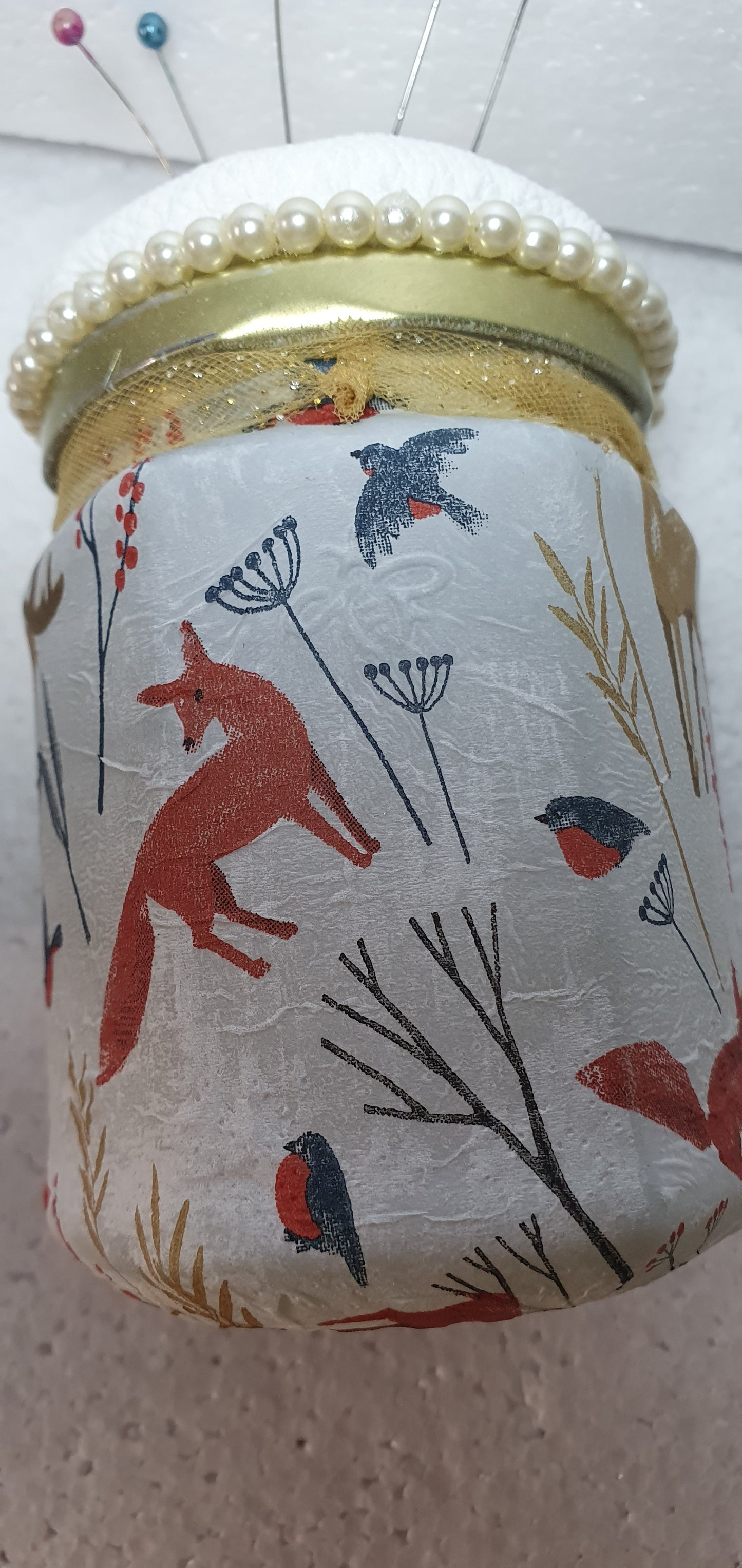Hand Decorated Glass Pin Cushion Jar Foxes Deer Crafters Gift