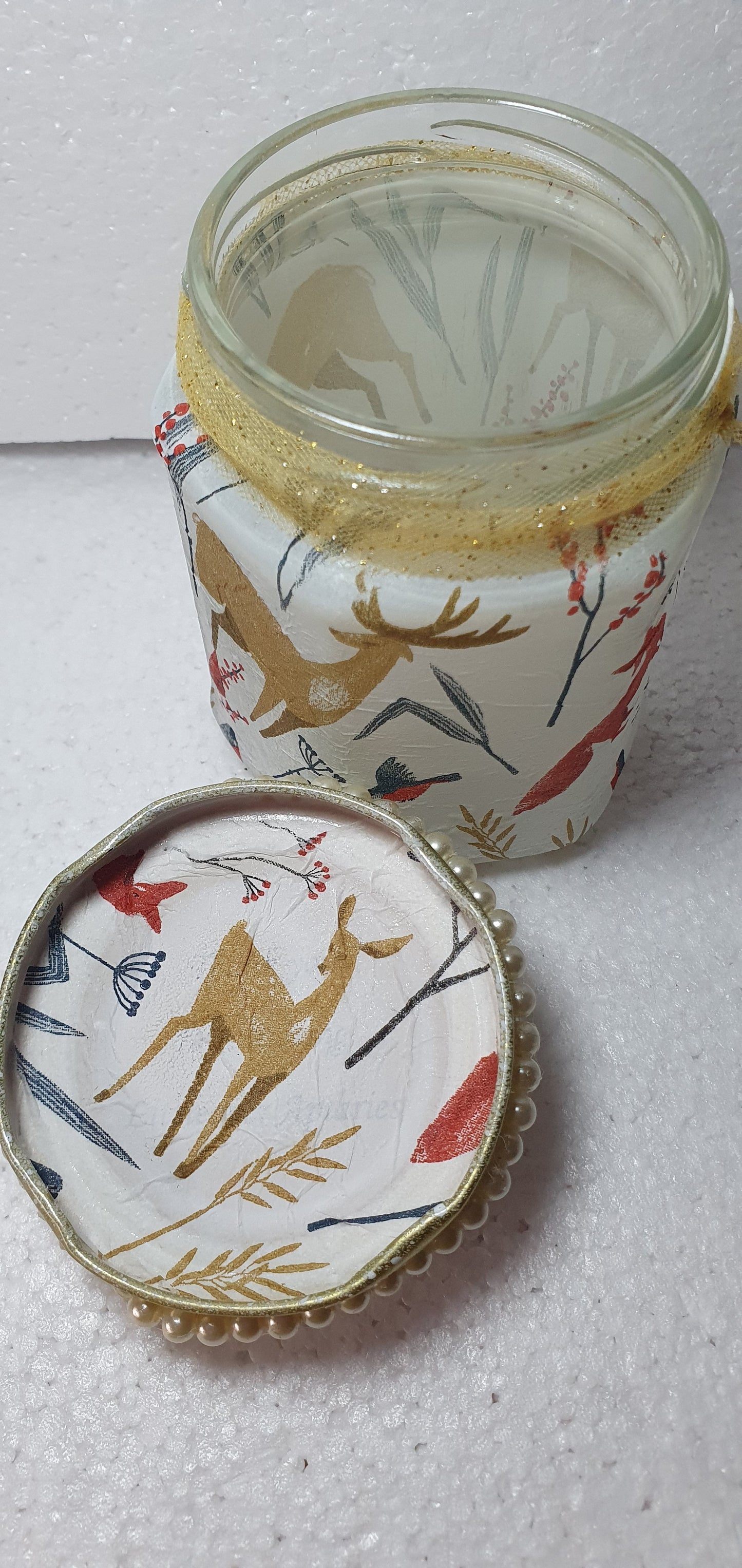 Hand Decorated Glass Pin Cushion Jar Foxes Deer Crafters Gift