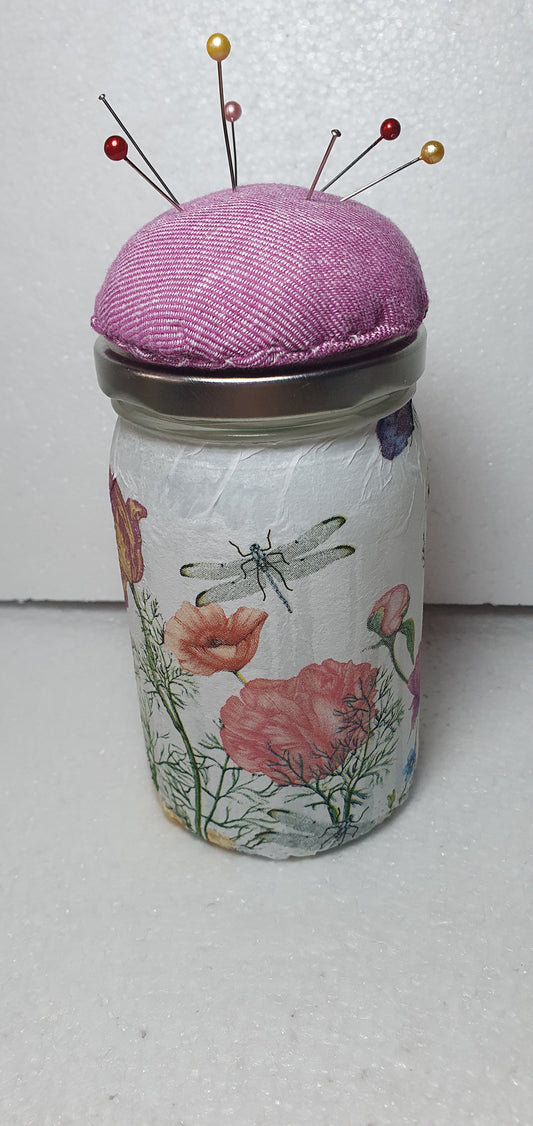 Hand Decorated Glass Pin Cushion Jar Pink Insects Floral Crafters Gift