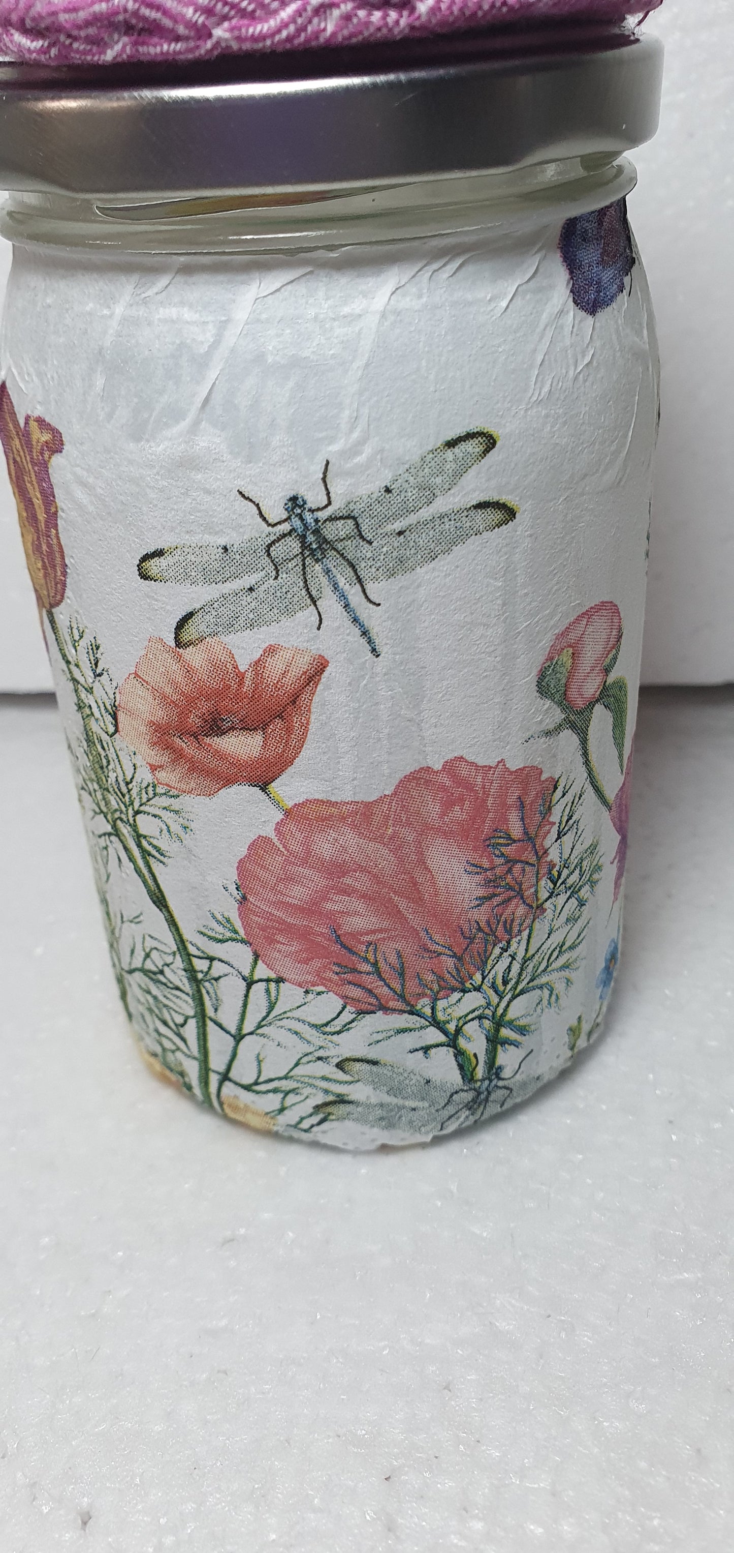 Hand Decorated Glass Pin Cushion Jar Pink Insects Floral Crafters Gift