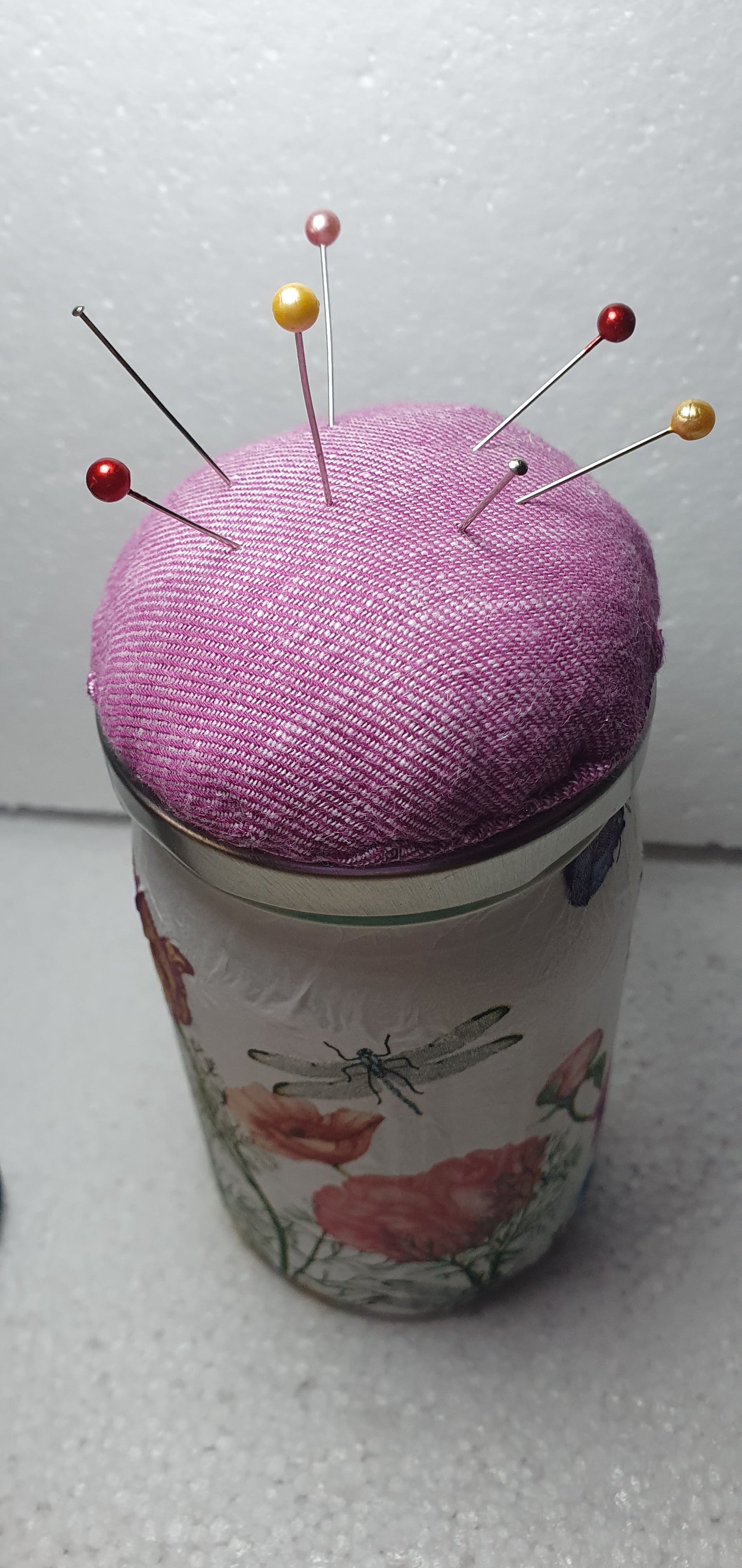 Hand Decorated Glass Pin Cushion Jar Pink Insects Floral Crafters Gift