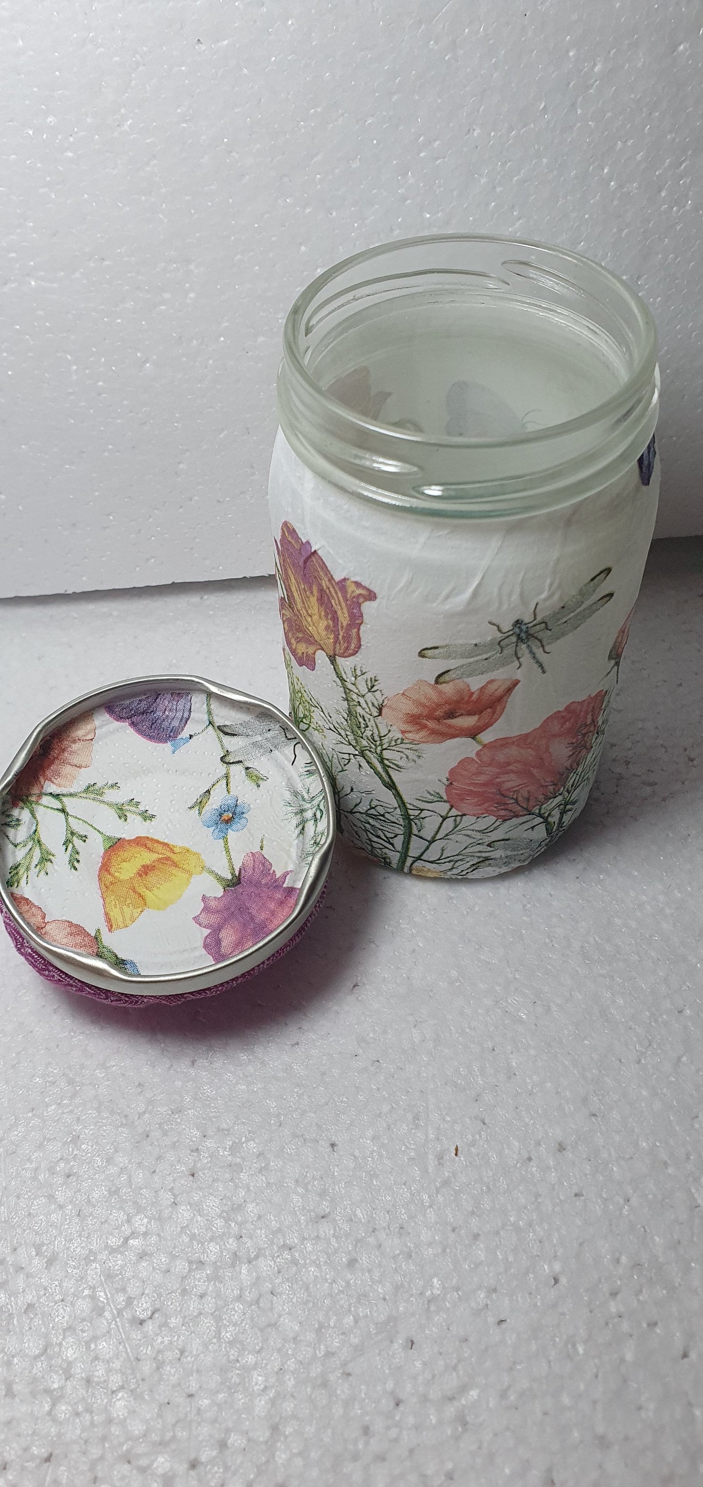 Hand Decorated Glass Pin Cushion Jar Pink Insects Floral Crafters Gift