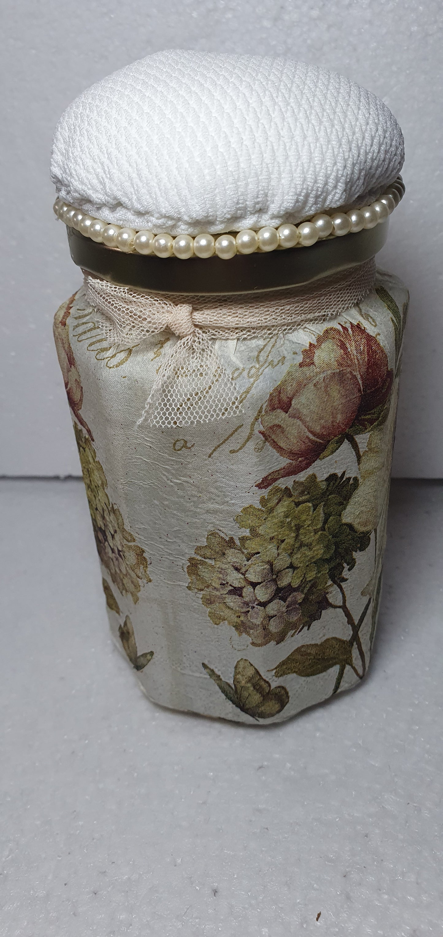 Hand Decorated Glass Pin Cushion Jar Floral Crafters Gift