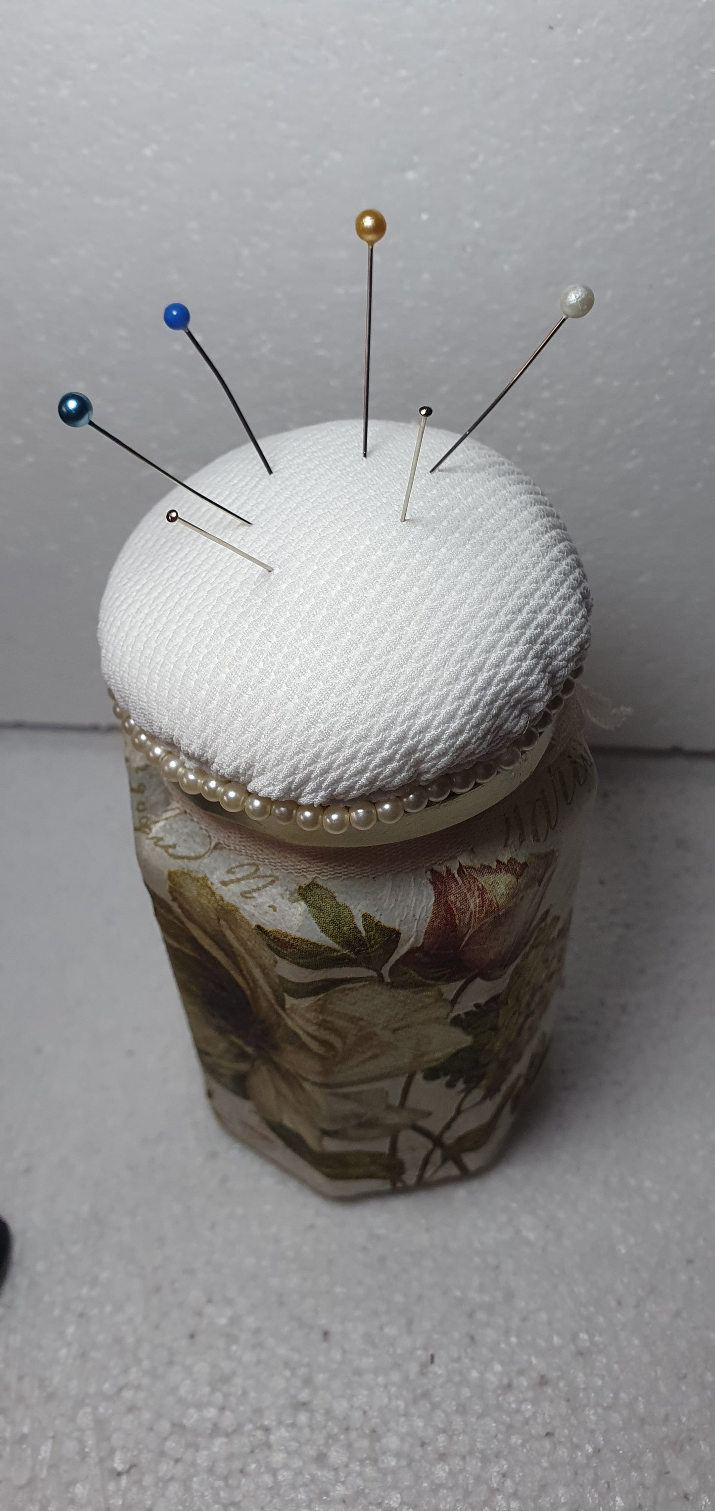 Hand Decorated Glass Pin Cushion Jar Floral Crafters Gift