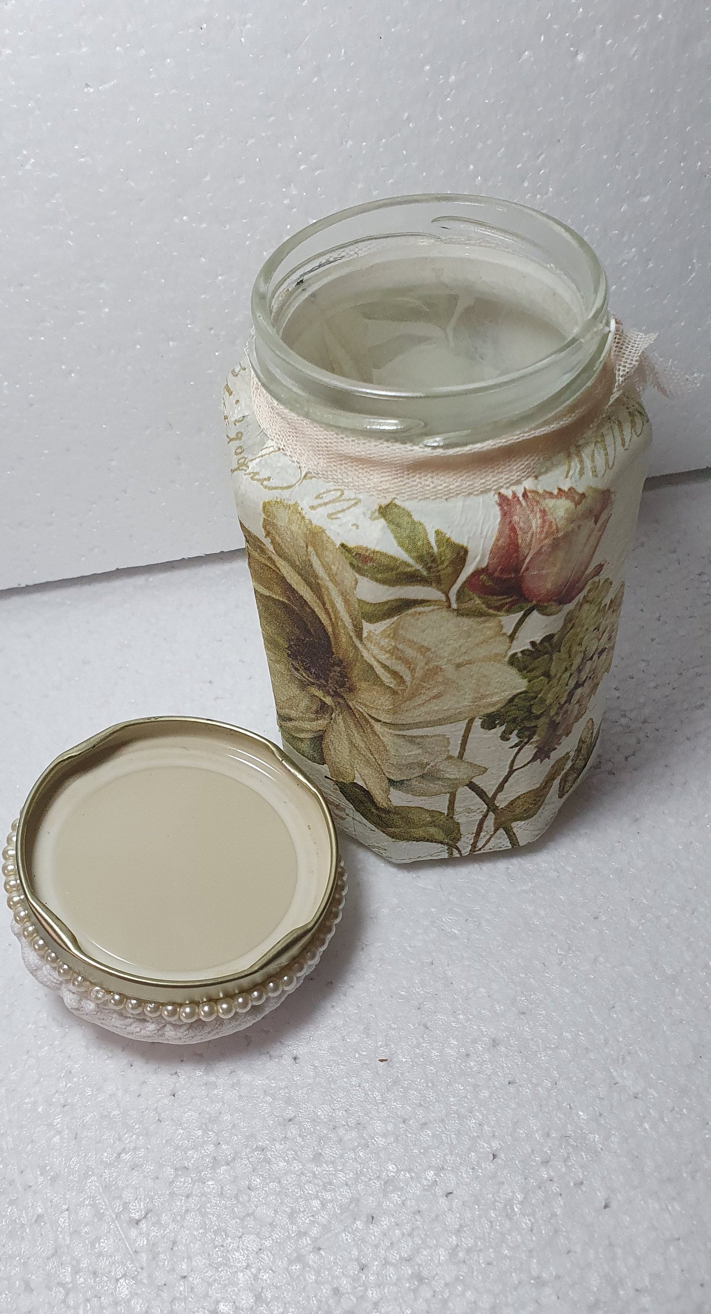 Hand Decorated Glass Pin Cushion Jar Floral Crafters Gift