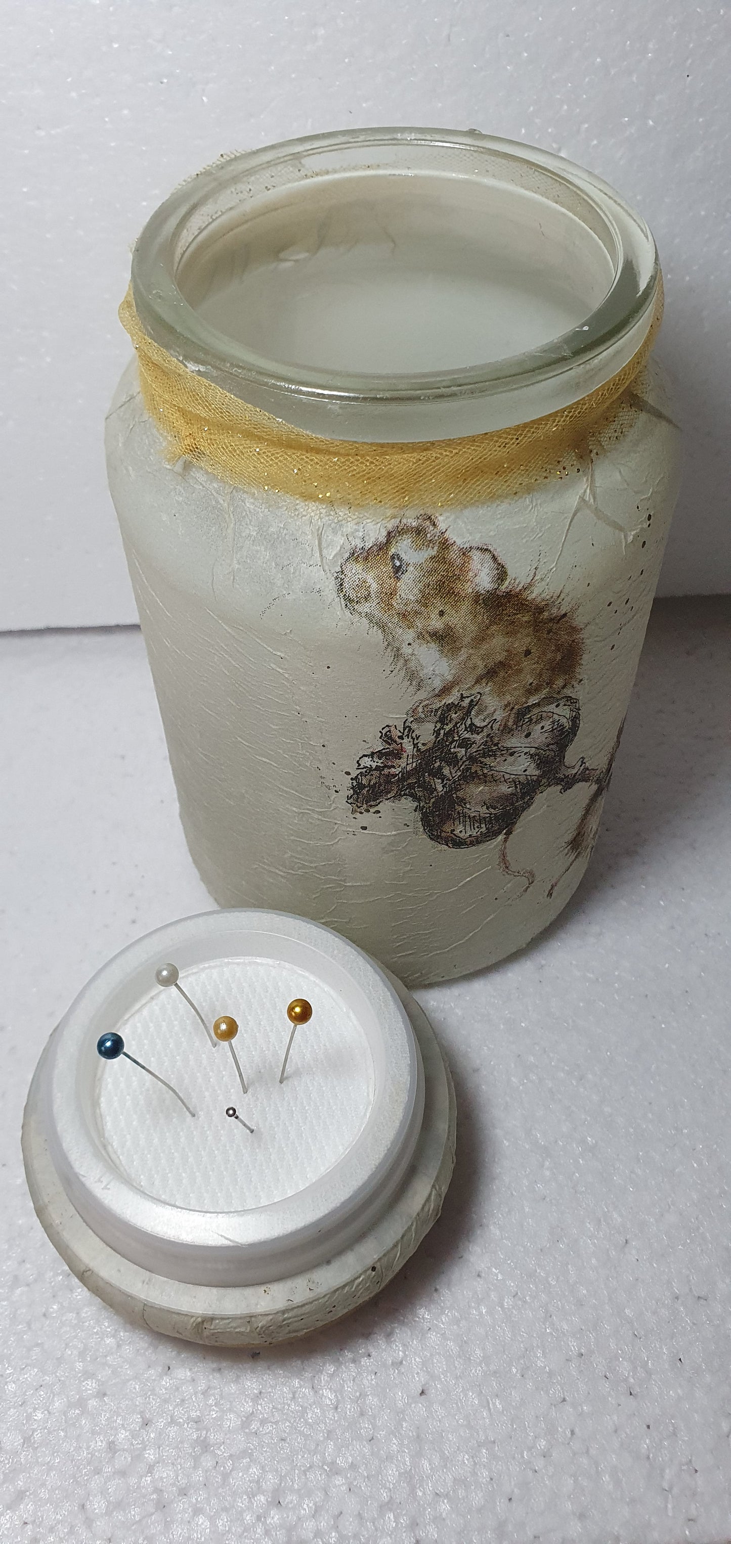 Medium 'Chunky' Hand Decorated Glass Pin Cushion Jar Harvest Mice Crafters Gift