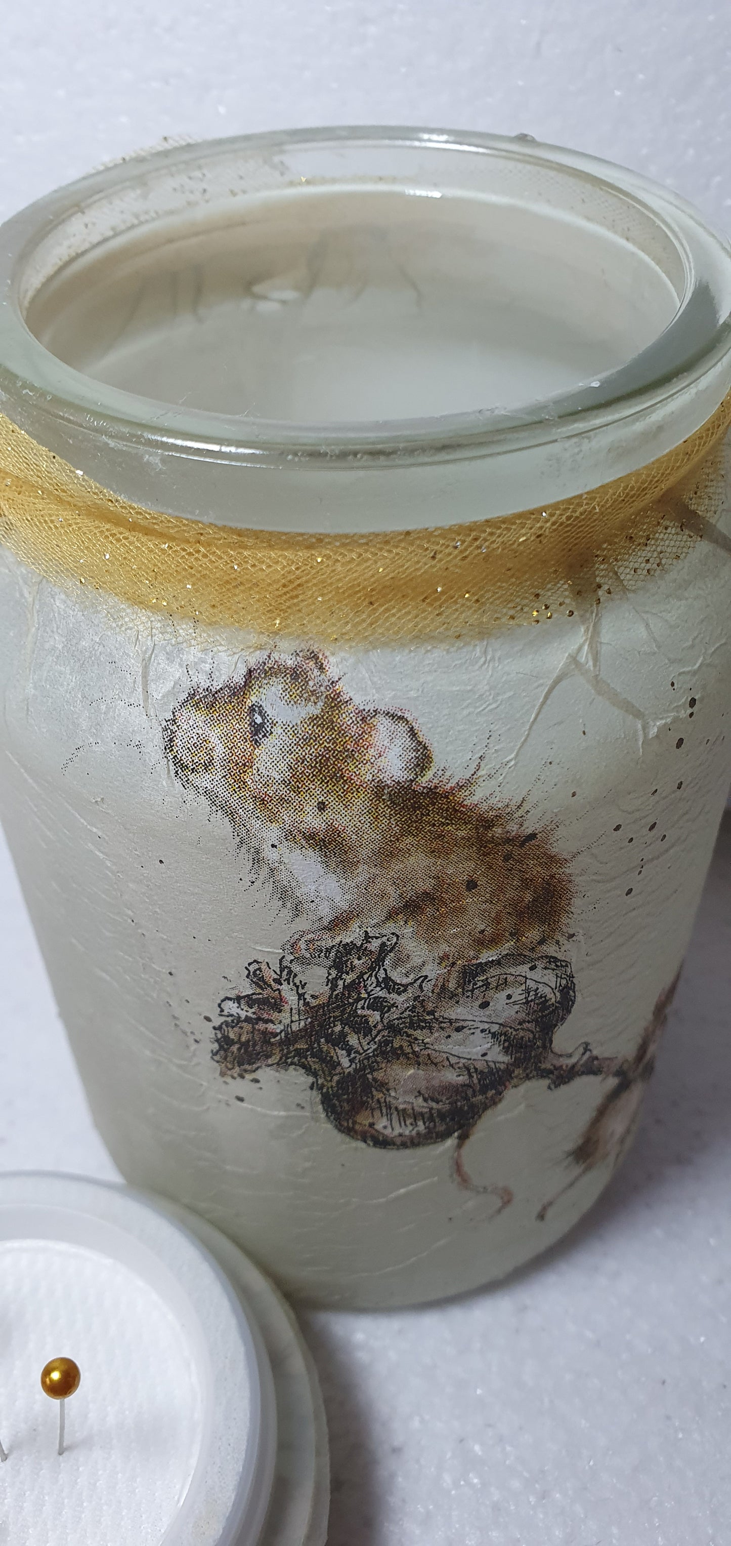 Medium 'Chunky' Hand Decorated Glass Pin Cushion Jar Harvest Mice Crafters Gift