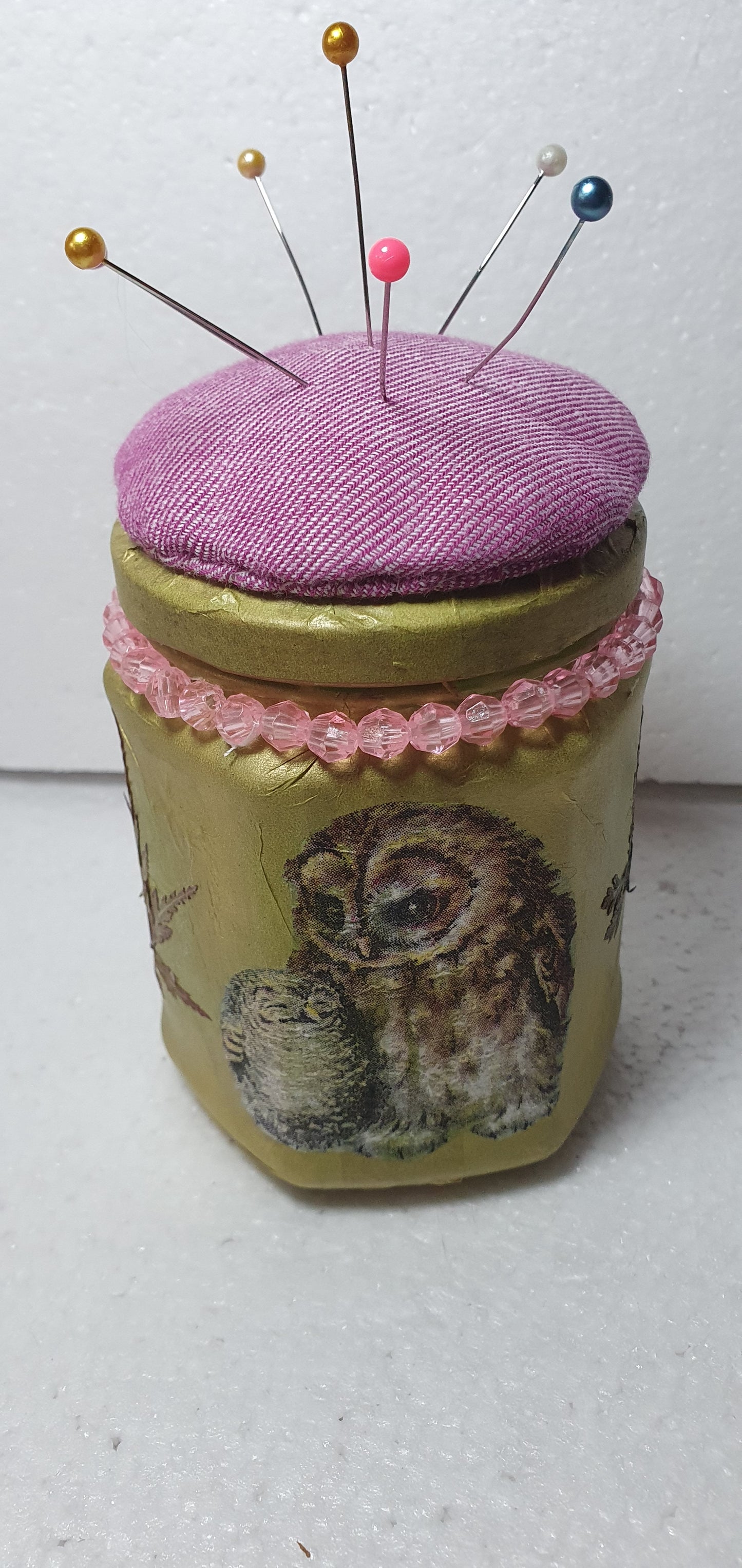Hand Decorated Glass Pin Cushion Jar Pink Gold Owls Leaves Crafters Gift