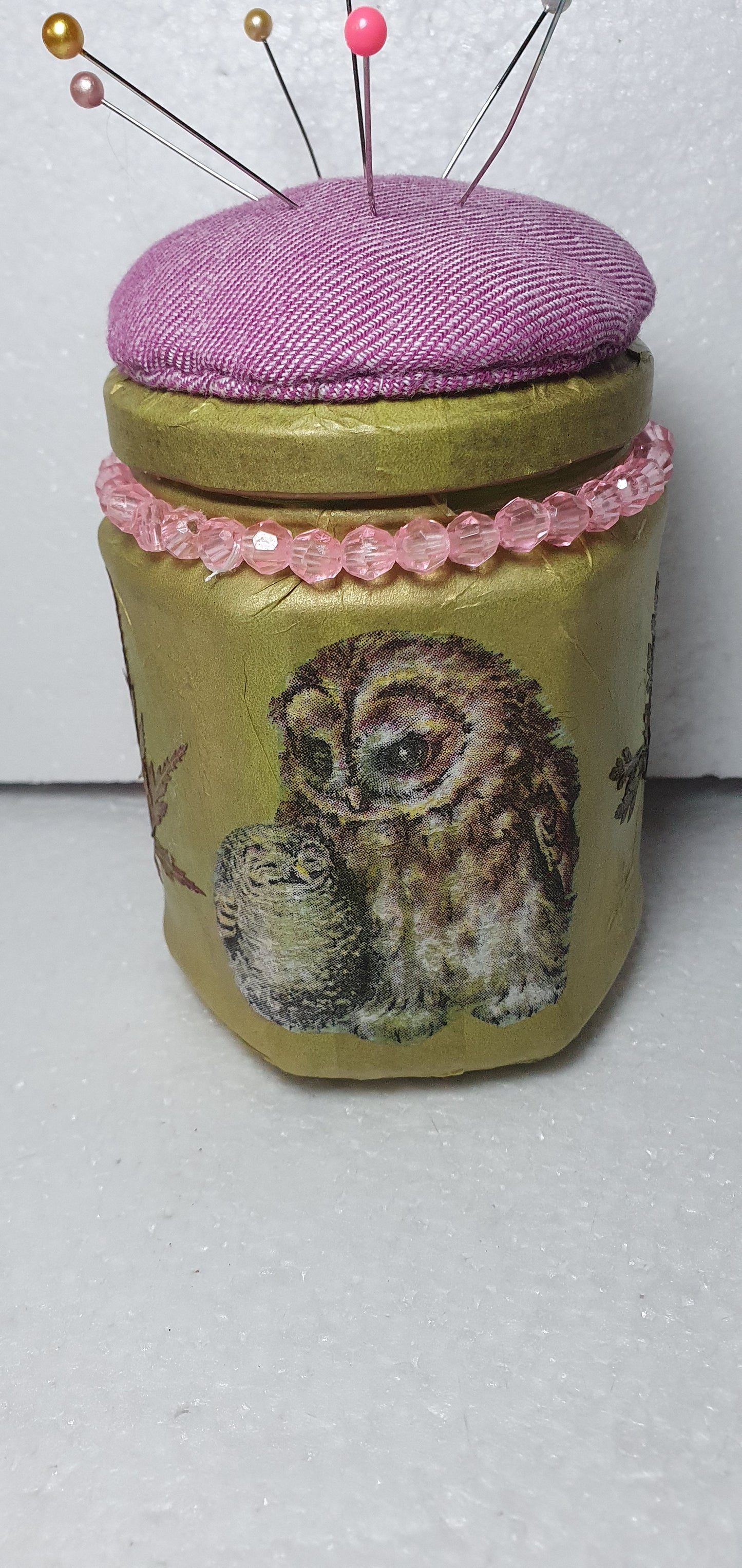 Hand Decorated Glass Pin Cushion Jar Pink Gold Owls Leaves Crafters Gift
