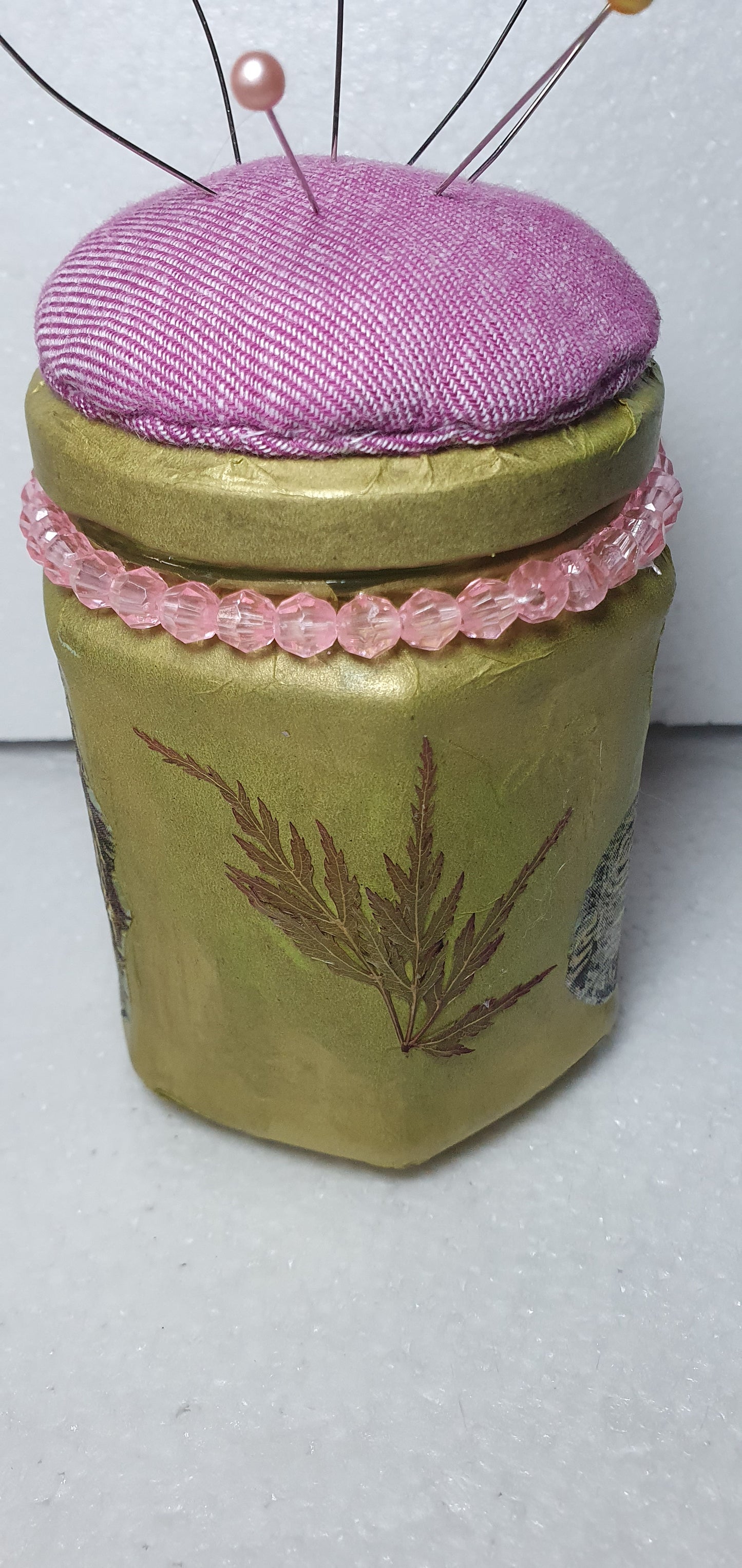 Hand Decorated Glass Pin Cushion Jar Pink Gold Owls Leaves Crafters Gift