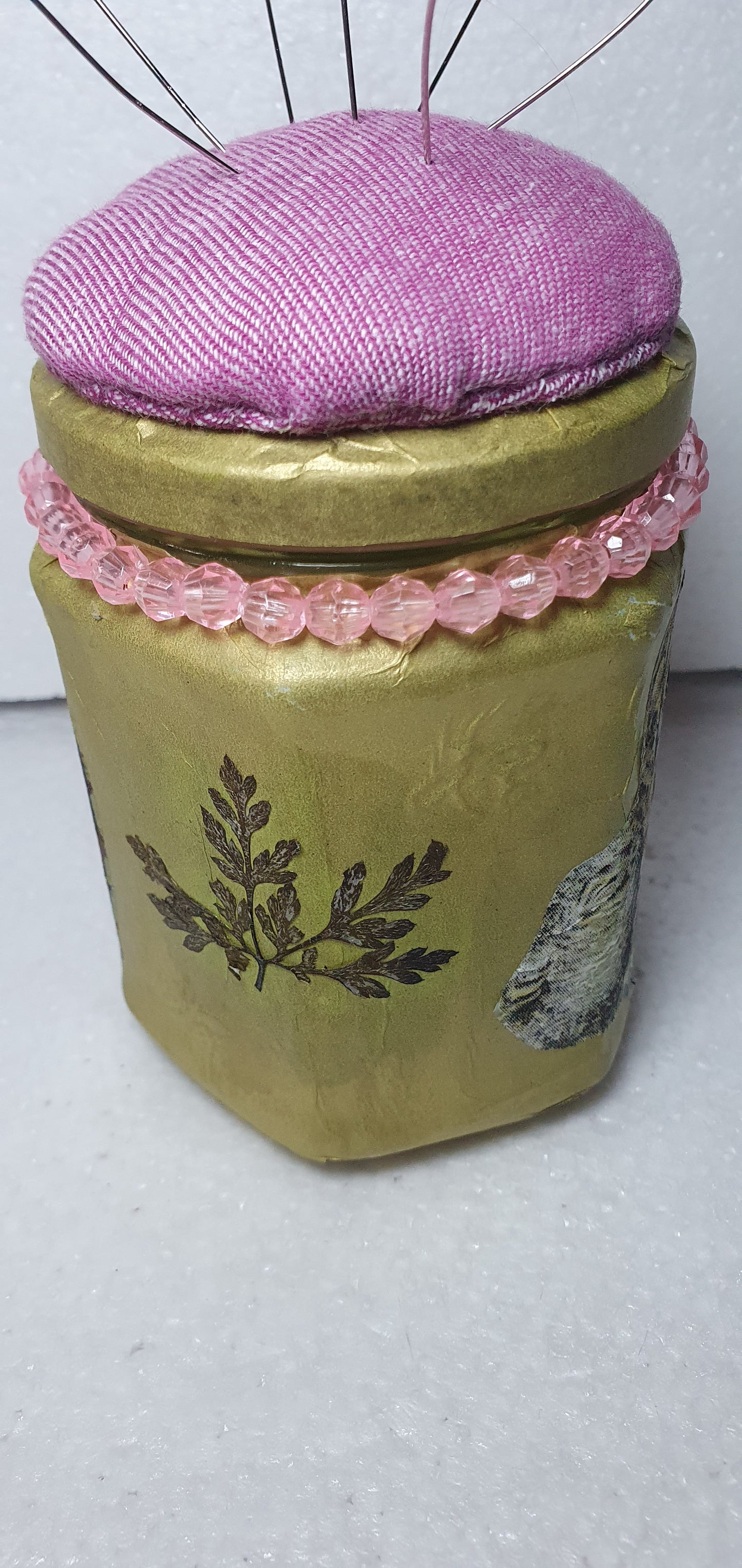 Hand Decorated Glass Pin Cushion Jar Pink Gold Owls Leaves Crafters Gift