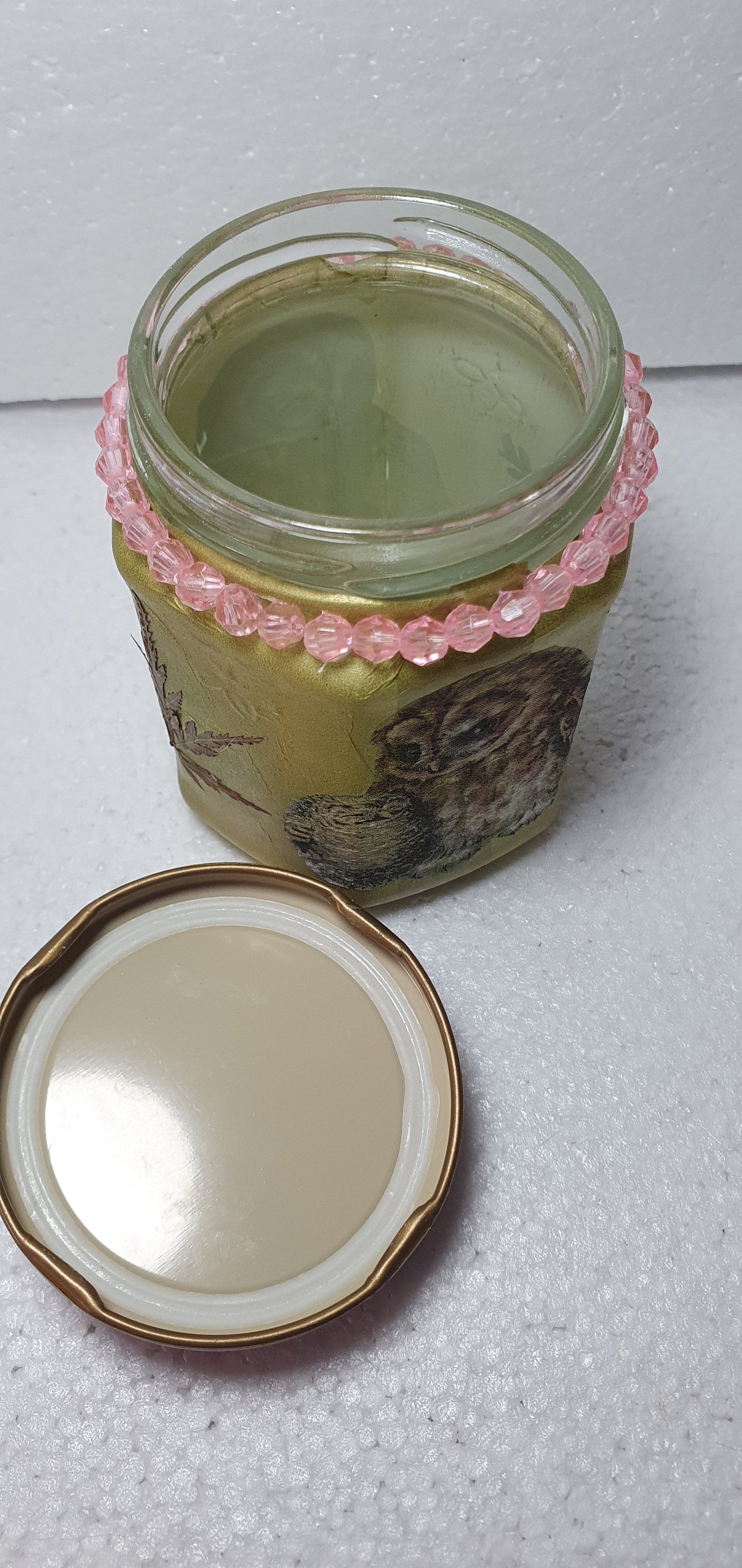 Hand Decorated Glass Pin Cushion Jar Pink Gold Owls Leaves Crafters Gift