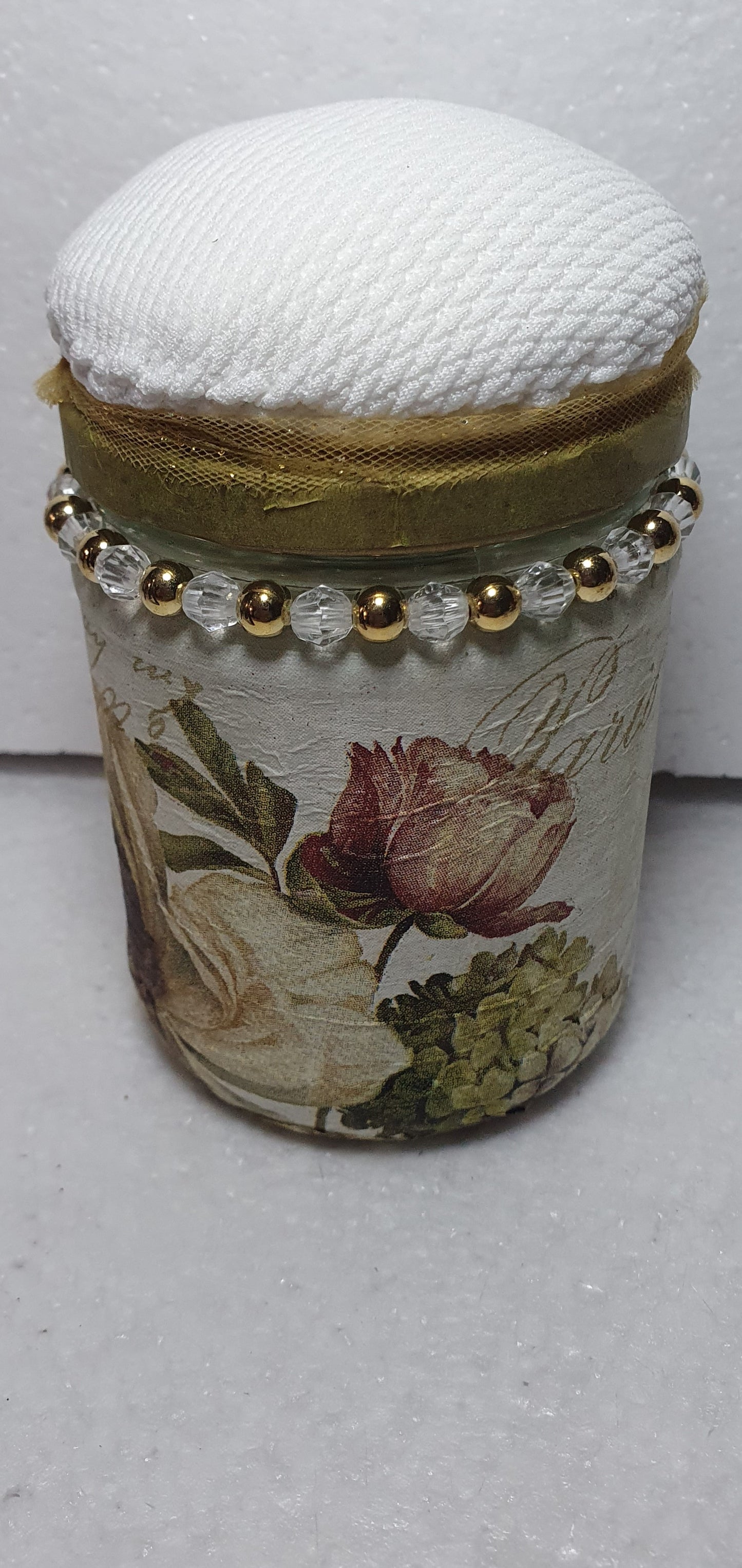 Hand Decorated Glass Pin Cushion Jar Floral Beige Cream Gold Crafters Gift