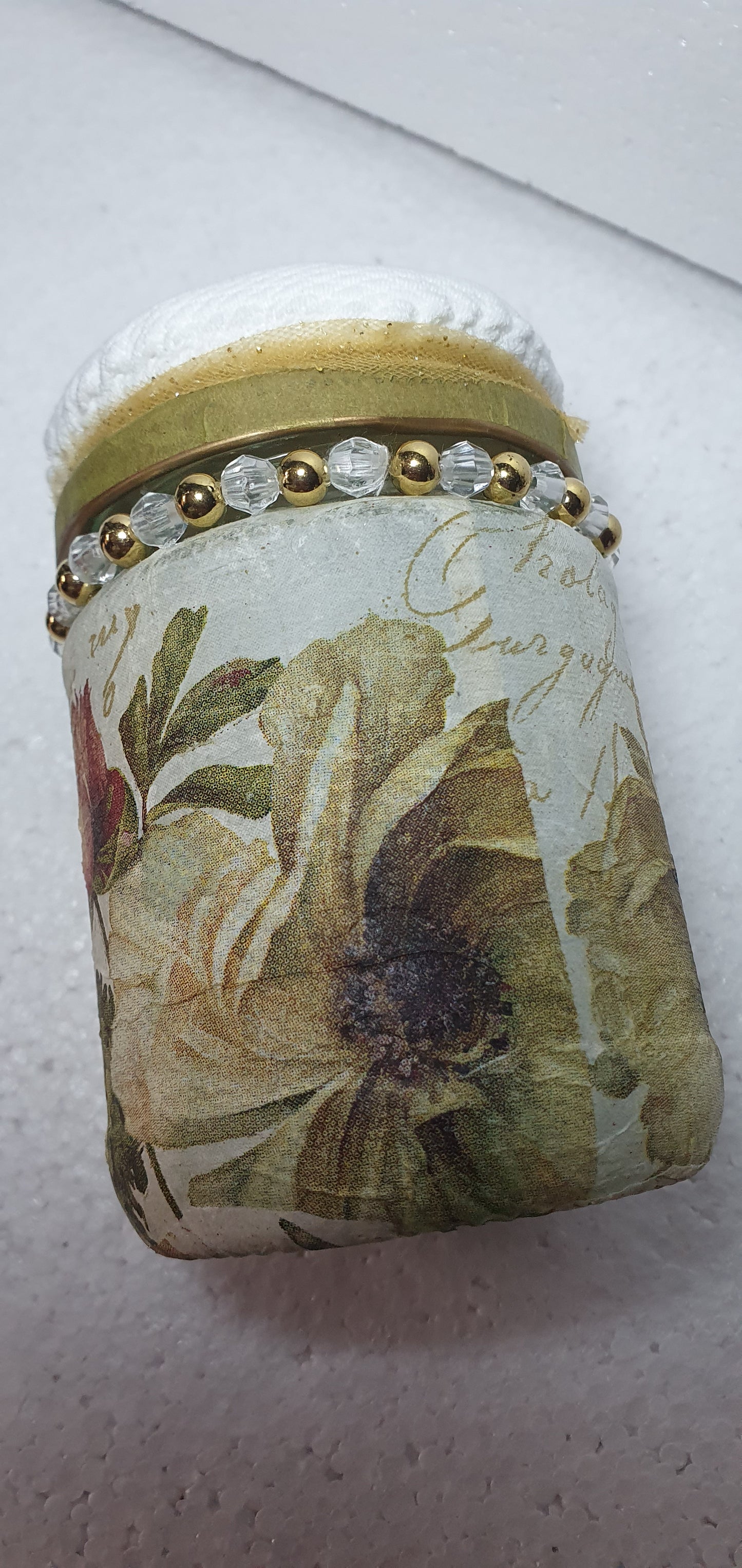 Hand Decorated Glass Pin Cushion Jar Floral Beige Cream Gold Crafters Gift