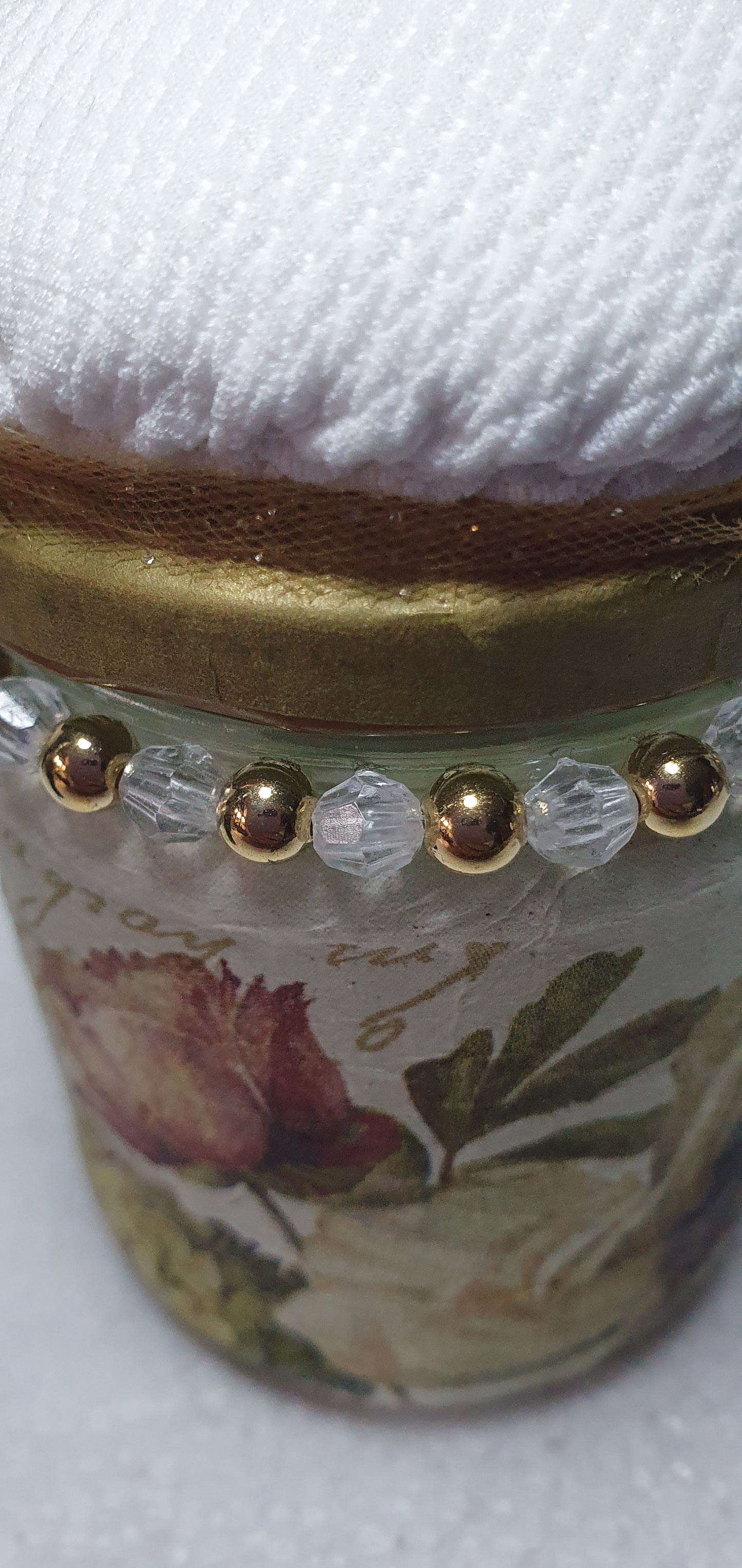 Hand Decorated Glass Pin Cushion Jar Floral Beige Cream Gold Crafters Gift