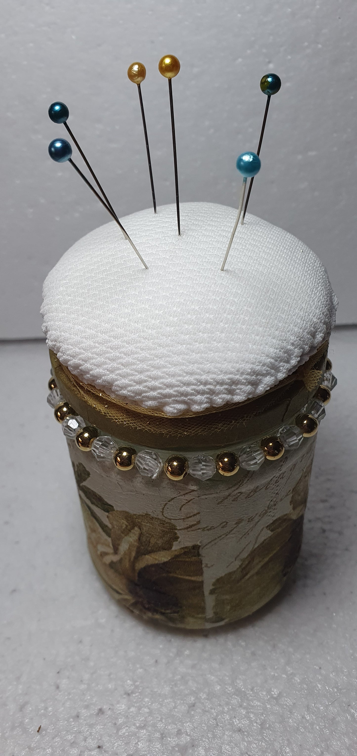 Hand Decorated Glass Pin Cushion Jar Floral Beige Cream Gold Crafters Gift