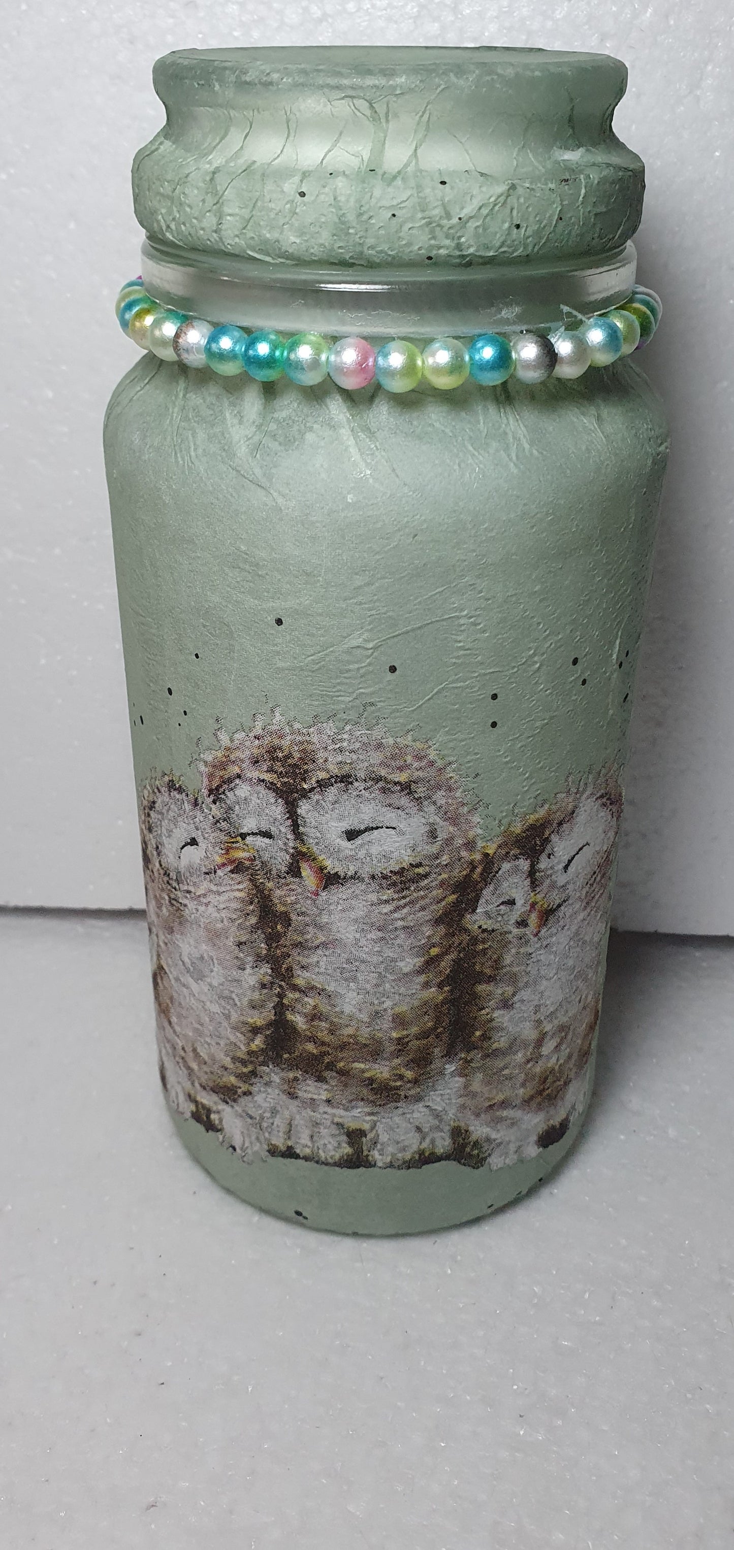 Medium Hand Decorated Glass Pin Cushion Jar Blue Owls Crafters Gift