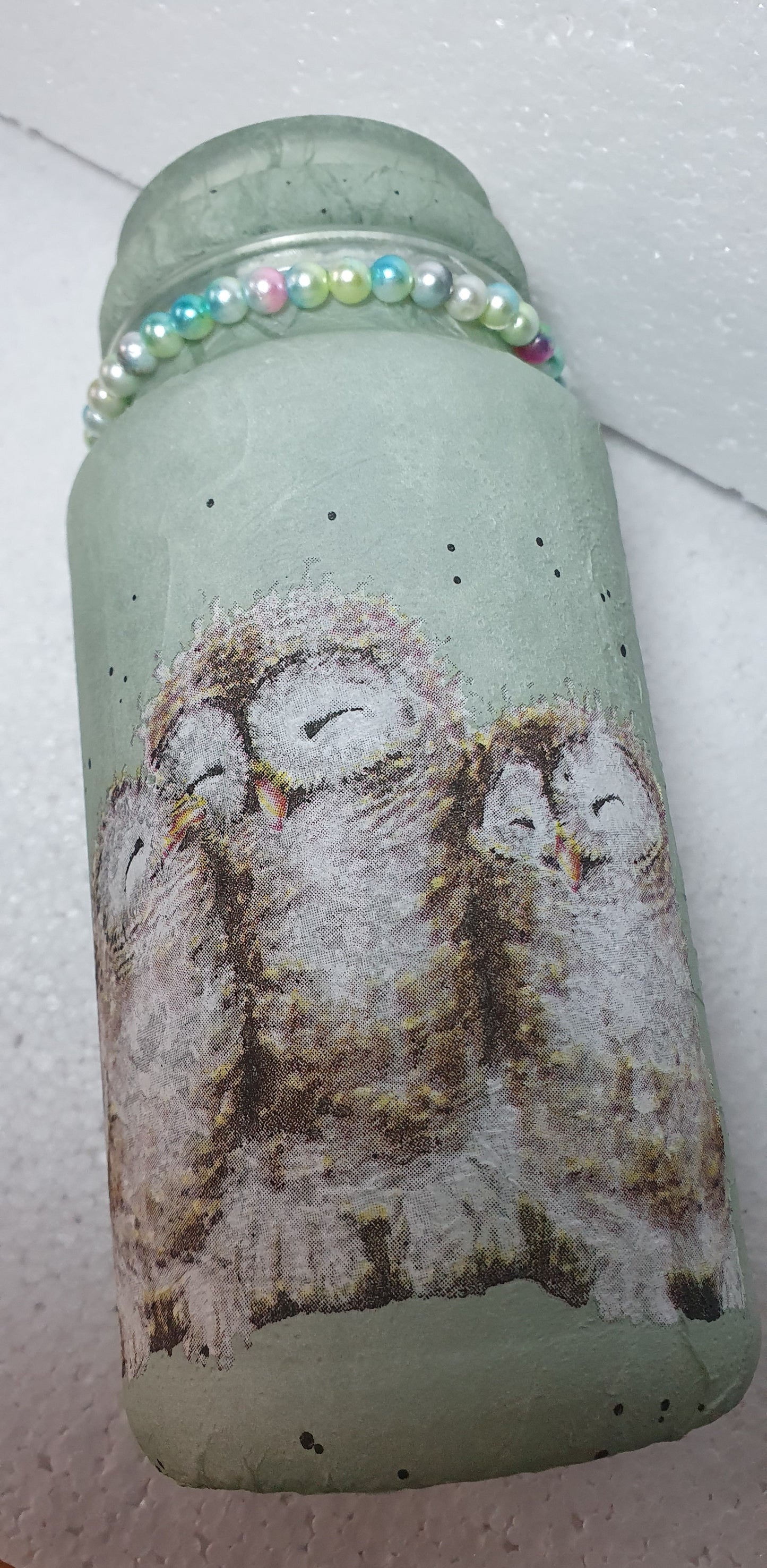 Medium Hand Decorated Glass Pin Cushion Jar Blue Owls Crafters Gift