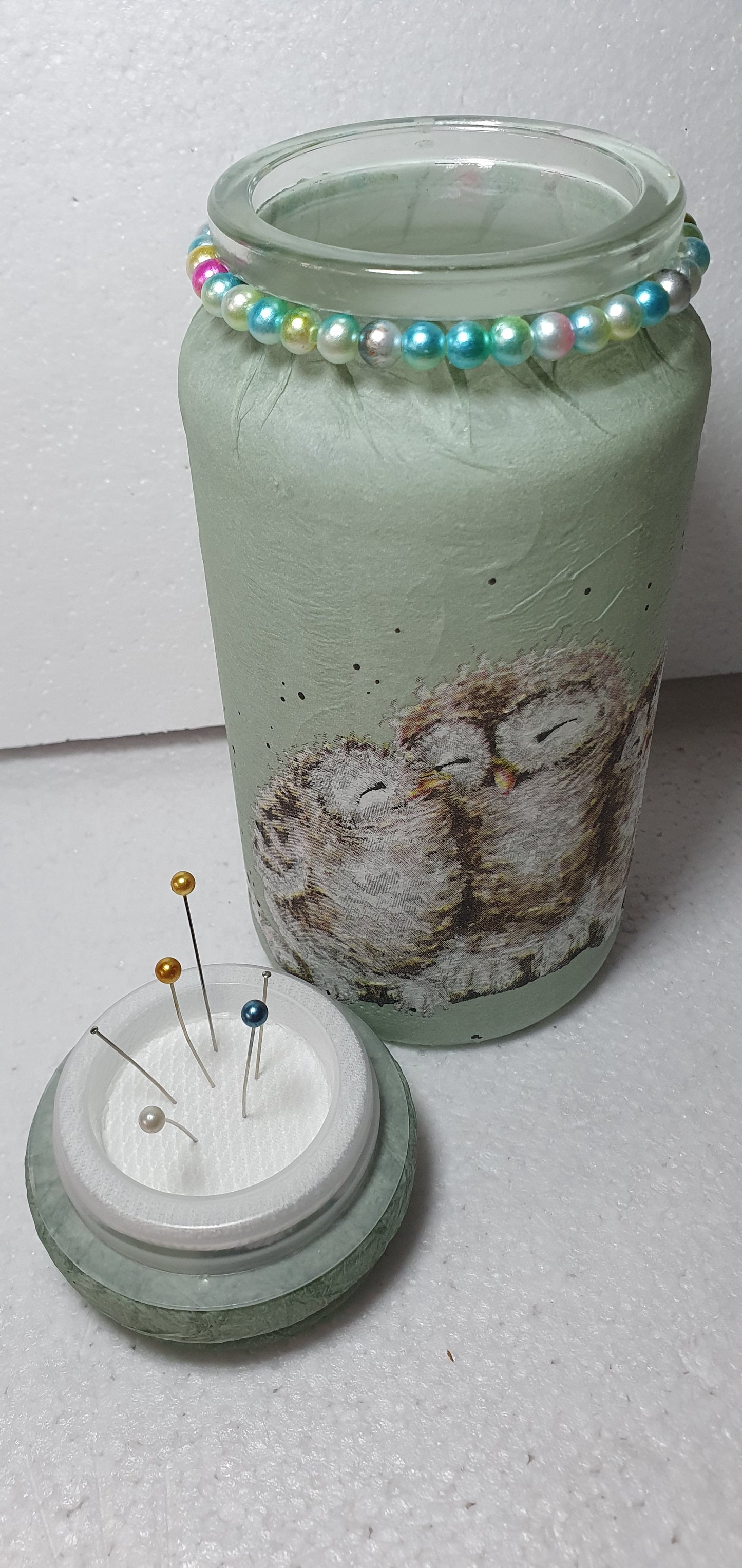 Medium Hand Decorated Glass Pin Cushion Jar Blue Owls Crafters Gift