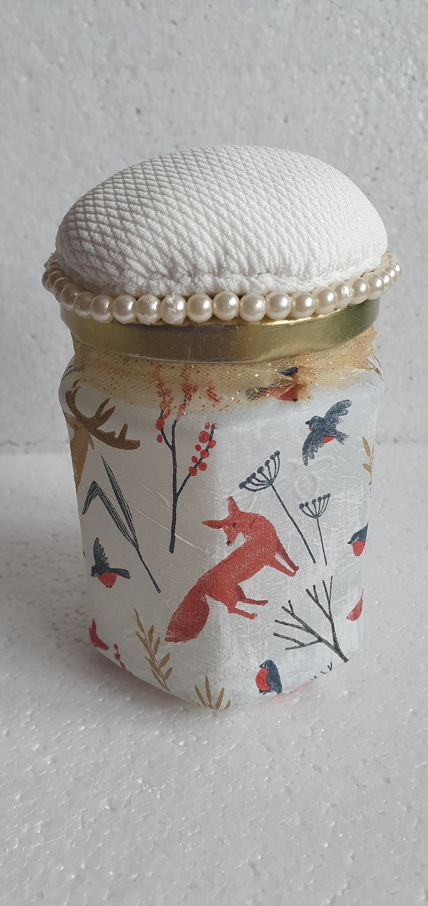 Hand Decorated Glass Pin Cushion Jar Foxes Deer Crafters Gift