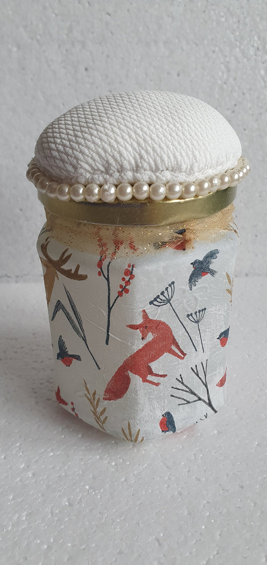 Hand Decorated Glass Pin Cushion Jar Foxes Deer Crafters Gift