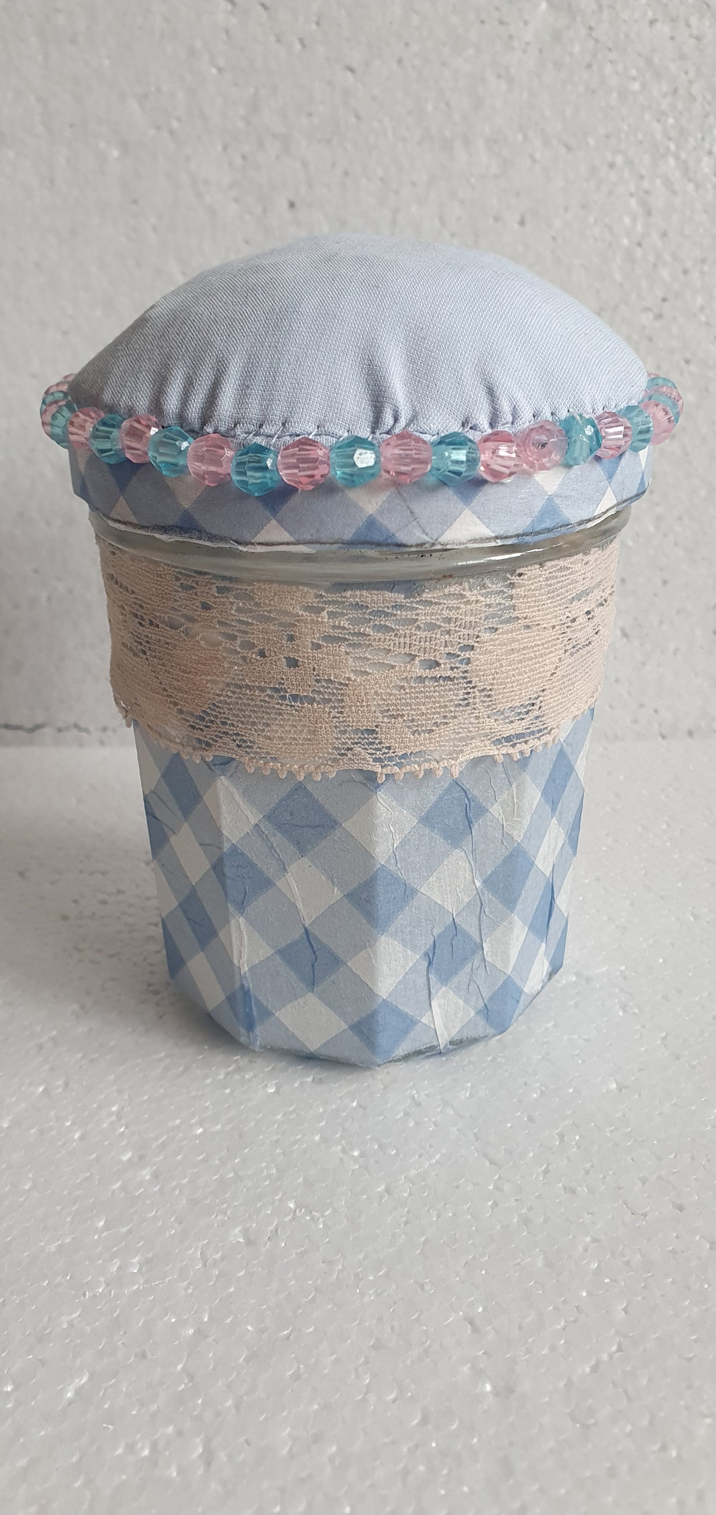 Hand Decorated Glass Pin Cushion Jar Blue Pink Check Crafters Gift