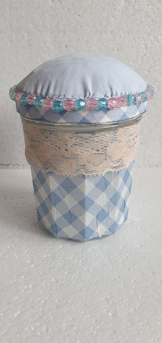 Hand Decorated Glass Pin Cushion Jar Blue Pink Check Crafters Gift