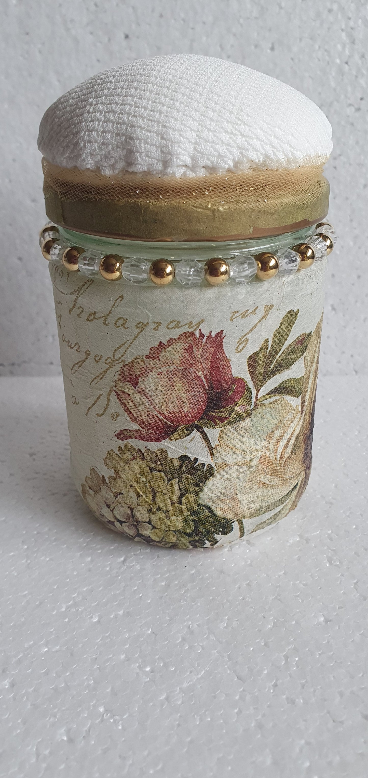 Hand Decorated Glass Pin Cushion Jar Floral Beige Cream Gold Crafters Gift