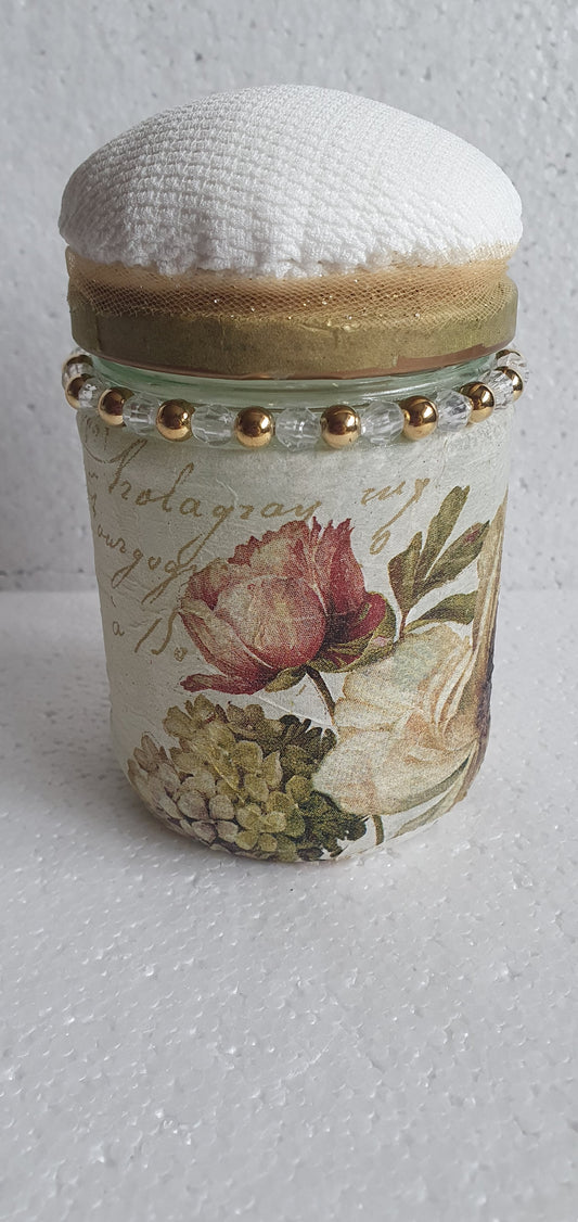 Hand Decorated Glass Pin Cushion Jar Floral Beige Cream Gold Crafters Gift