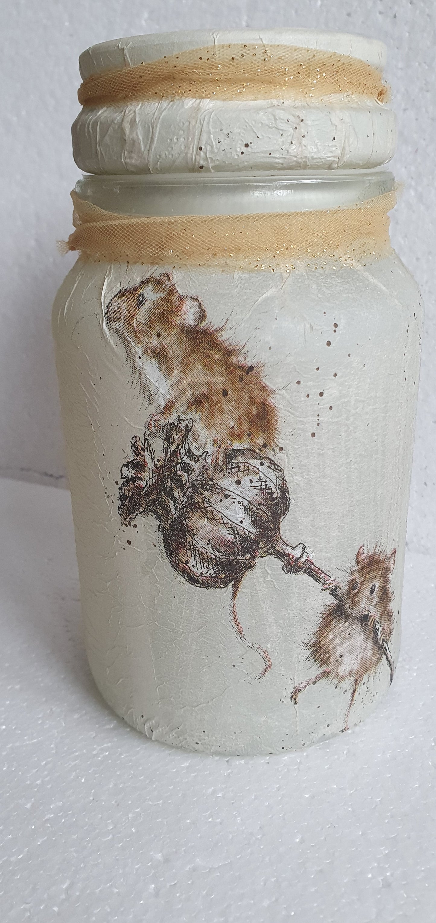 Medium 'Chunky' Hand Decorated Glass Pin Cushion Jar Harvest Mice Crafters Gift