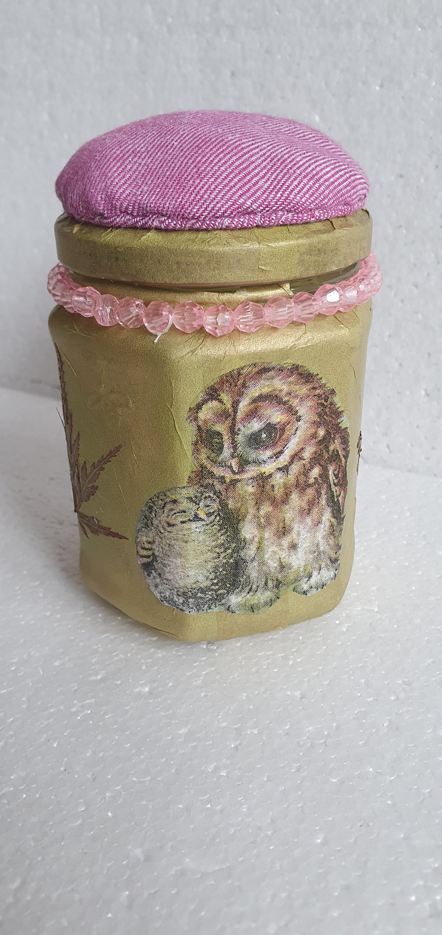 Hand Decorated Glass Pin Cushion Jar Pink Gold Owls Leaves Crafters Gift