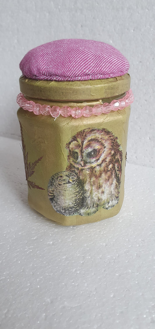 Hand Decorated Glass Pin Cushion Jar Pink Gold Owls Leaves Crafters Gift