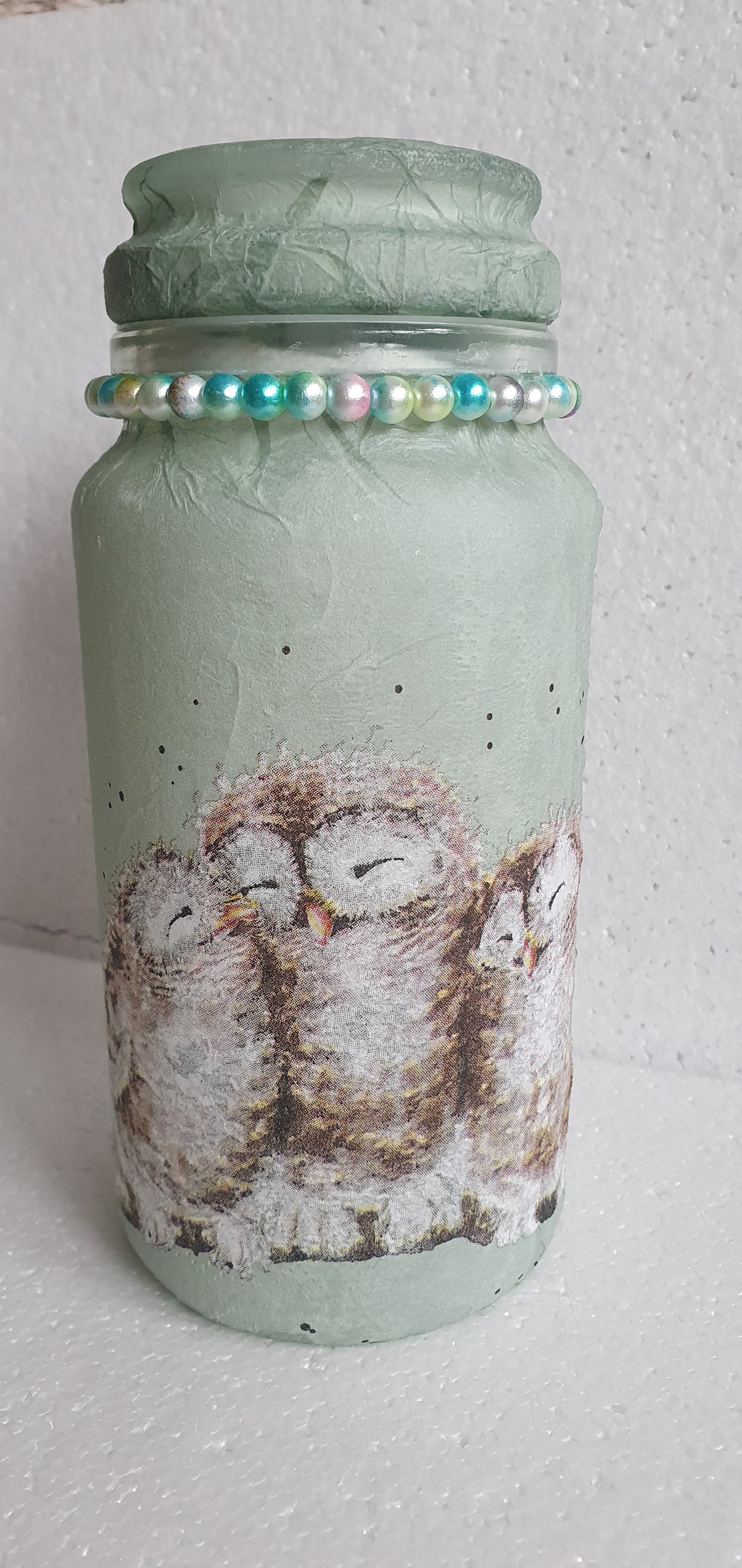 Medium Hand Decorated Glass Pin Cushion Jar Blue Owls Crafters Gift