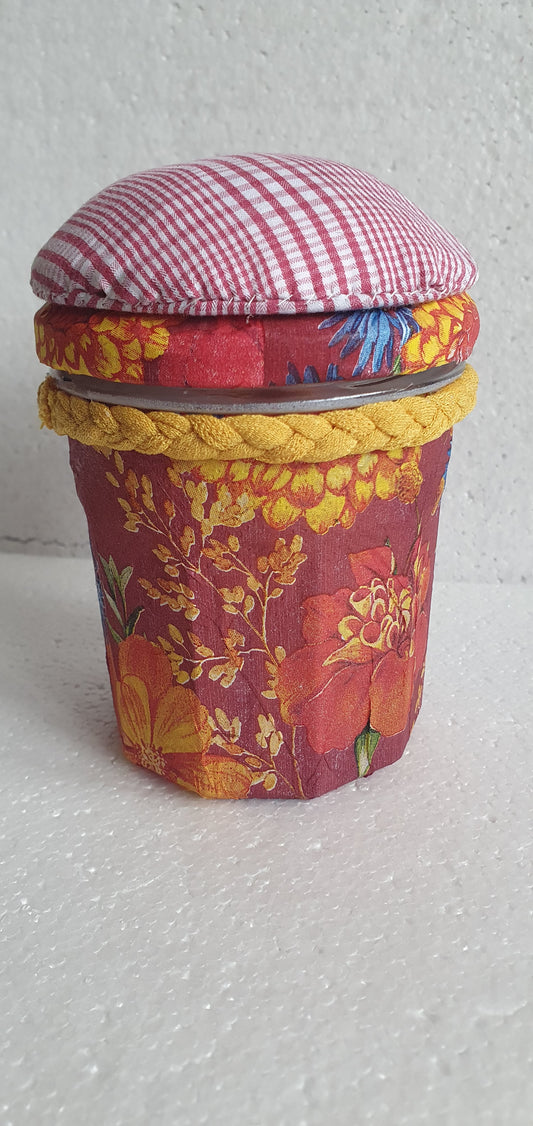 Hand Decorated Glass Pin Cushion Jar Red Cream Yellow Floral Crafters Gift