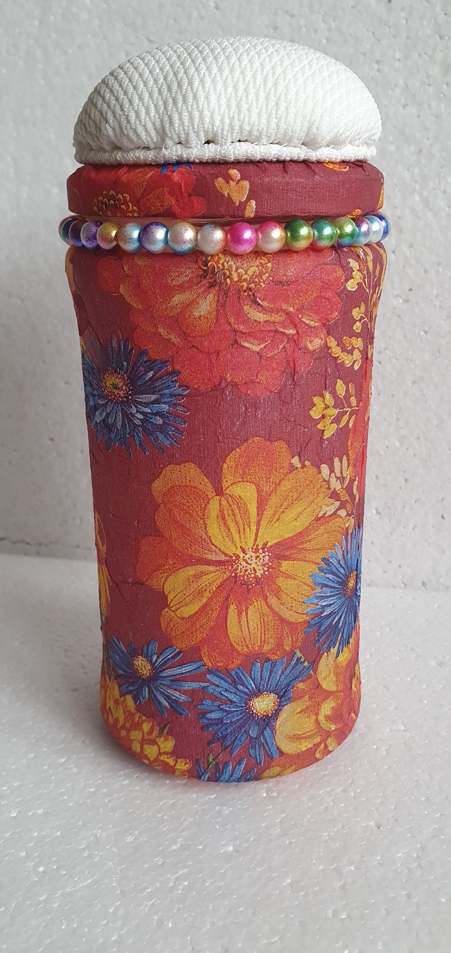 Hand Decorated Glass Pin Cushion Jar Red Blue Yellow Floral Crafters Gift