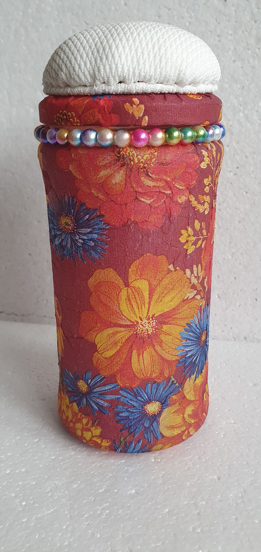 Hand Decorated Glass Pin Cushion Jar Red Blue Yellow Floral Crafters Gift