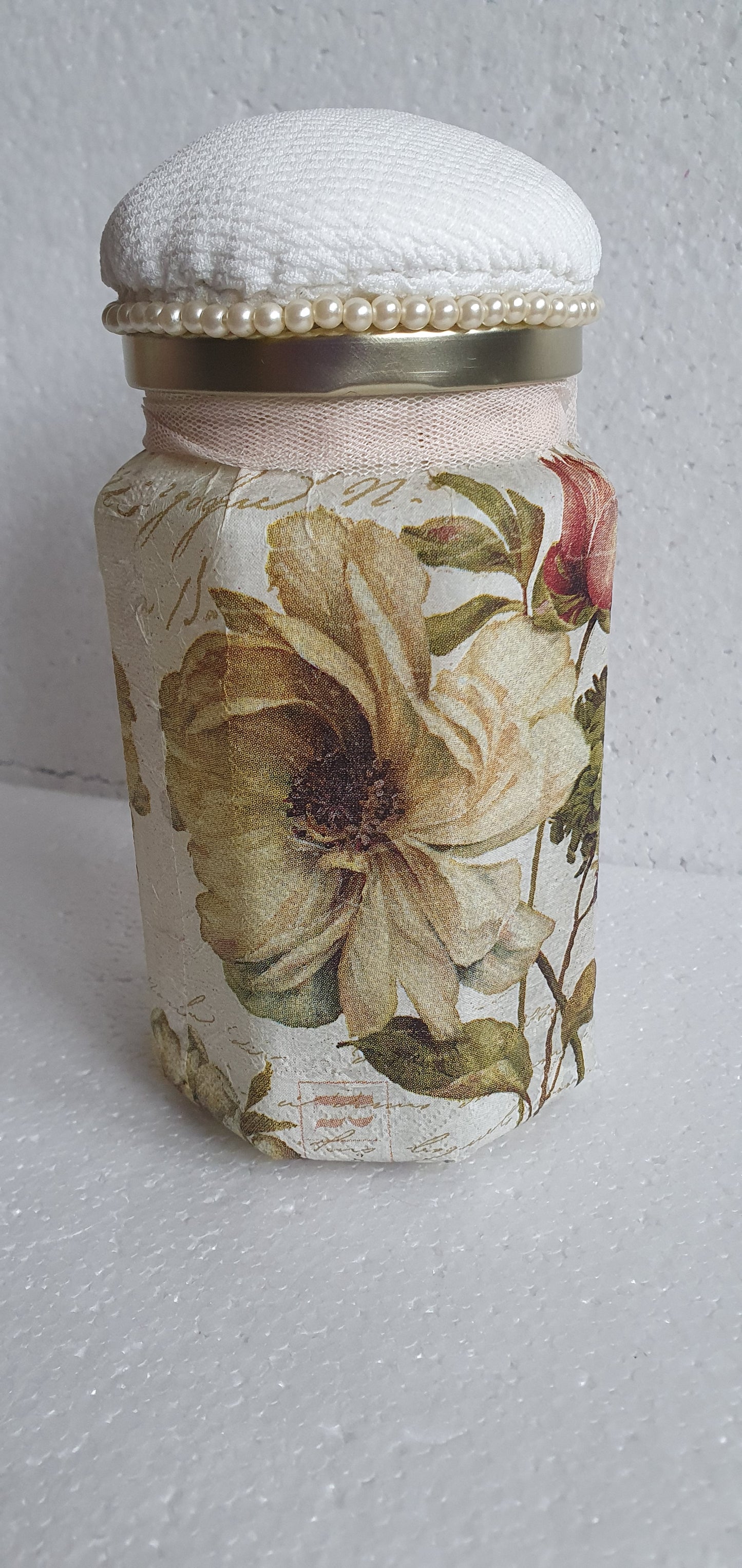 Hand Decorated Glass Pin Cushion Jar Floral Crafters Gift