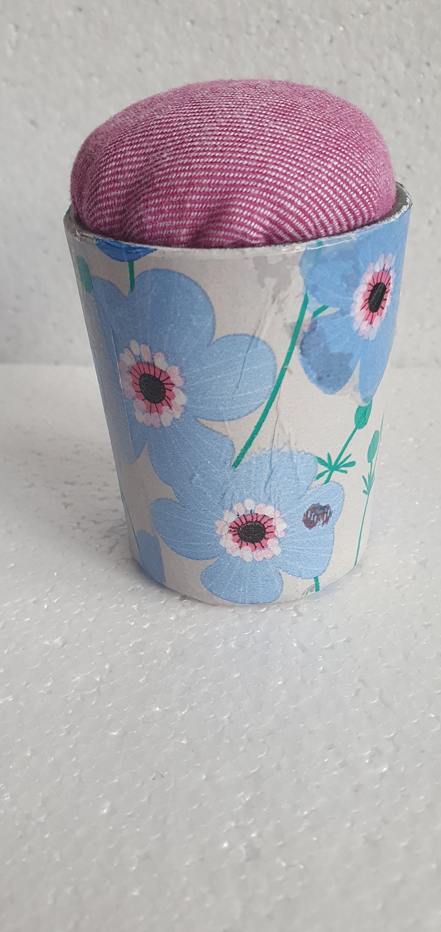 Small Blue White Flowers Hand Decorated PINK Pin Cushion Home Decor Gift
